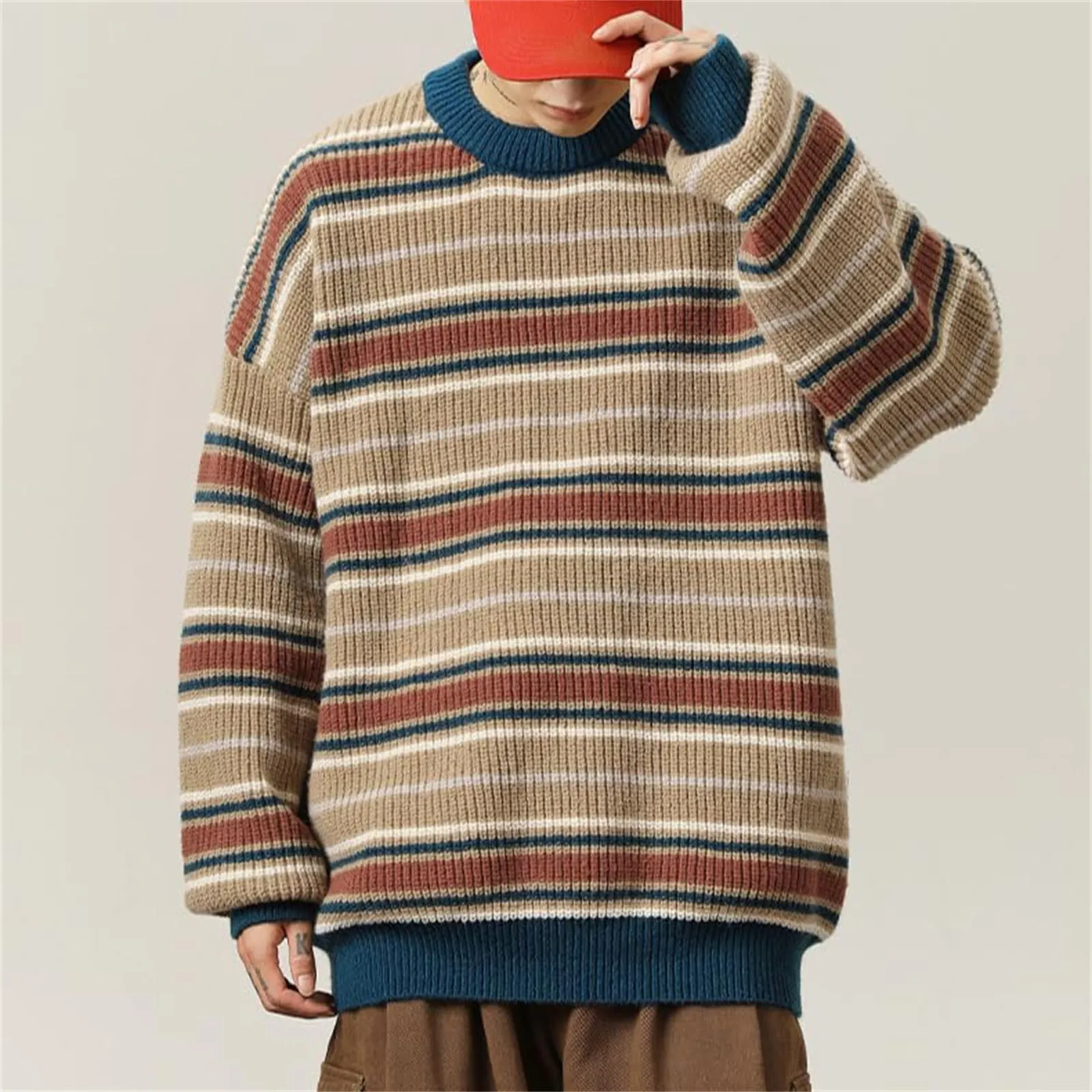 Mymyguoe Maglione norvegese da uomo in lana a righe fine merino, lavorato a maglia jacquard, motivo cavallo, slim fit, invernale, caldo maglione natalizio, Q5 kaki, XL - immagine 7