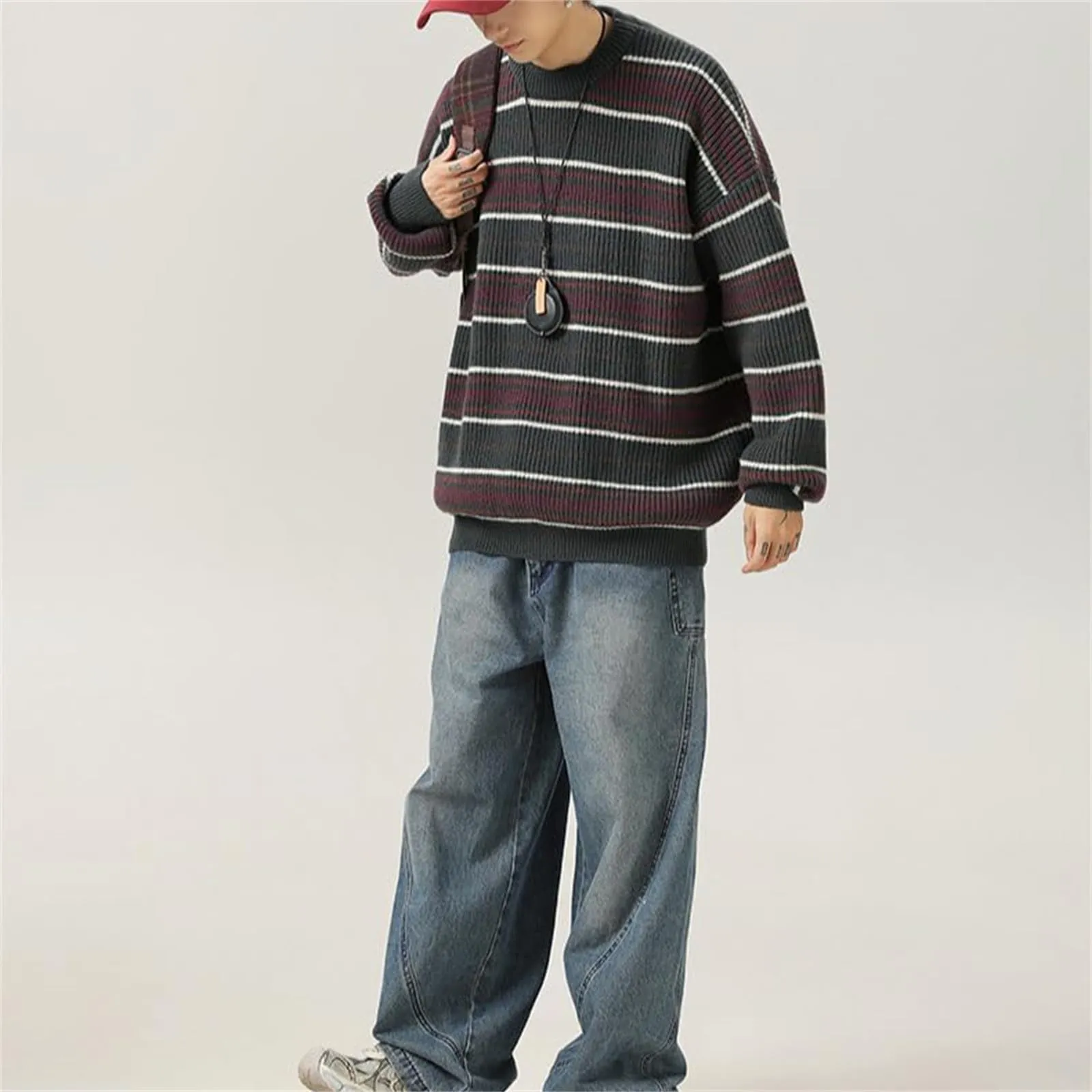Mymyguoe Maglione norvegese da uomo in lana a righe fine merino, lavorato a maglia jacquard, motivo cavallo, slim fit, invernale, caldo maglione natalizio, Q5 grigio, XXL - immagine 3
