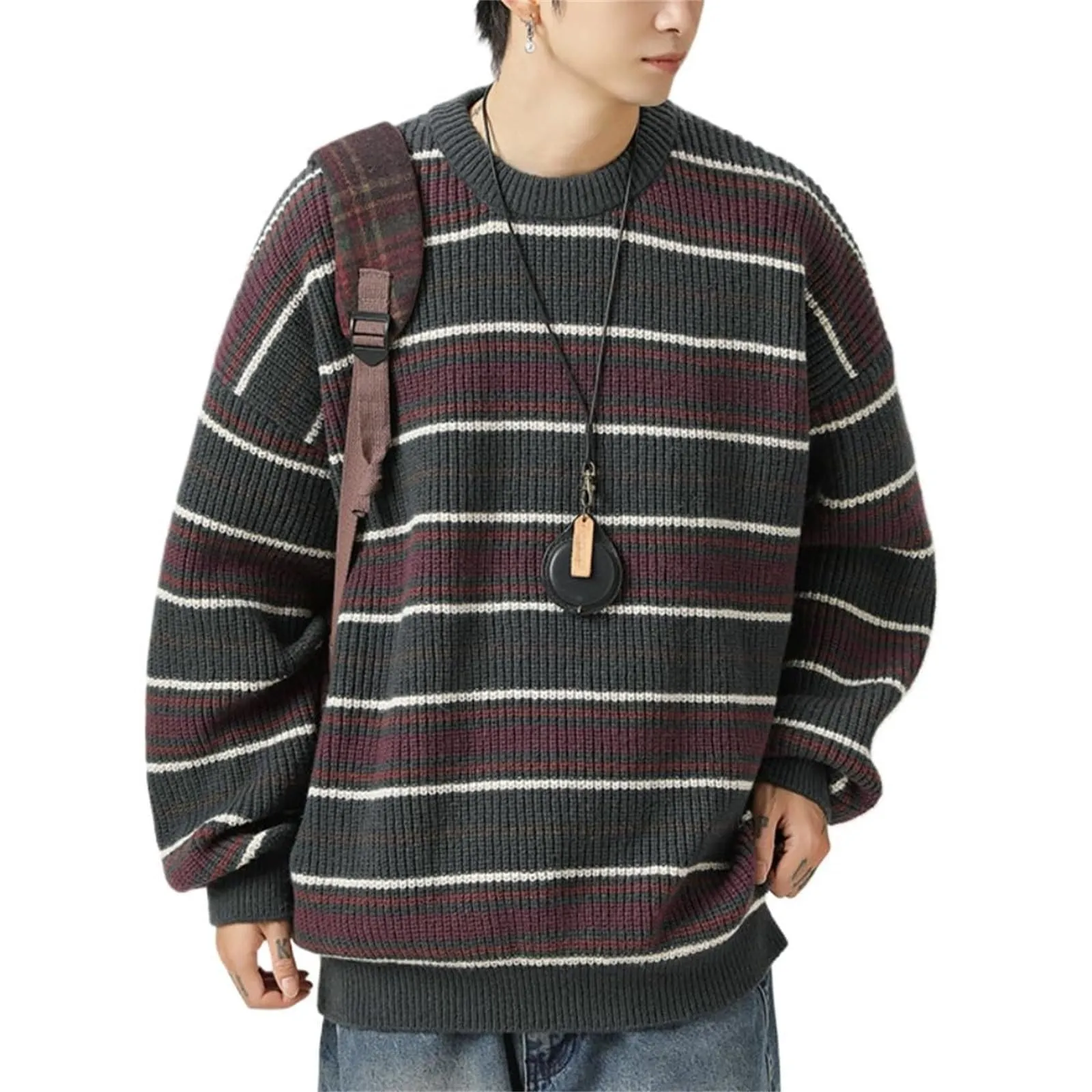 Mymyguoe Maglione norvegese da uomo in lana a righe fine merino, lavorato a maglia jacquard, motivo cavallo, slim fit, invernale, caldo maglione natalizio, Q5 grigio, M - immagine 6