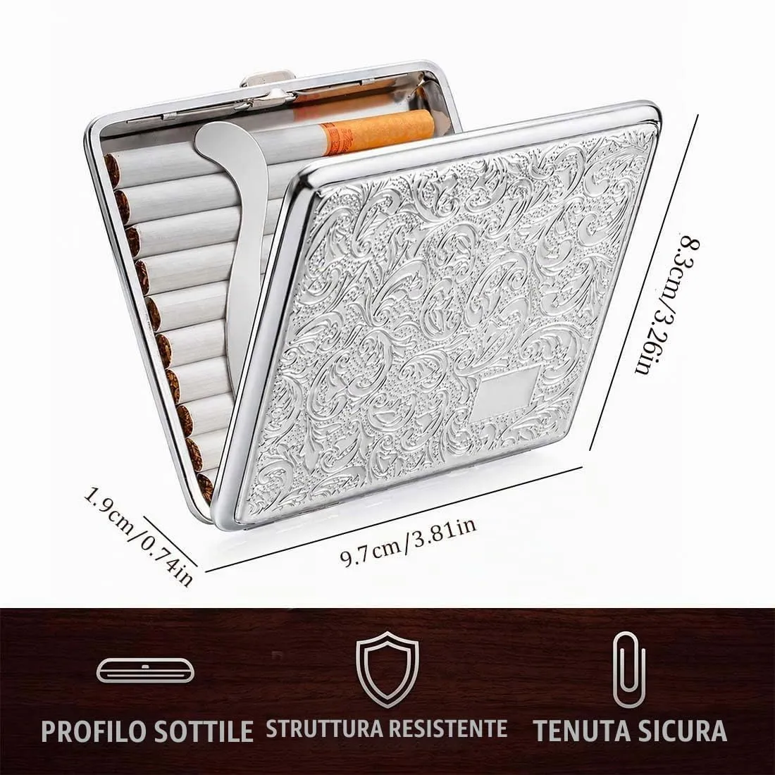 MKEAWUU Porta Sigarette Rollate In Metallo Acciaio Inox, Colore Argento Modellato, Compatto Per Uomo E Donna, Capacità 16 Sigarette, 1 Pezzo - immagine 5