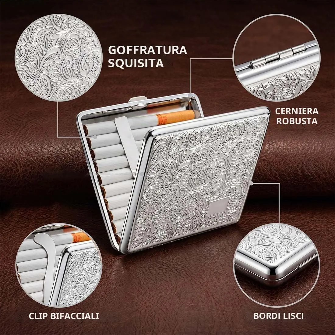 MKEAWUU Porta Sigarette Rollate In Metallo Acciaio Inox, Colore Argento Modellato, Compatto Per Uomo E Donna, Capacità 16 Sigarette, 1 Pezzo - immagine 6