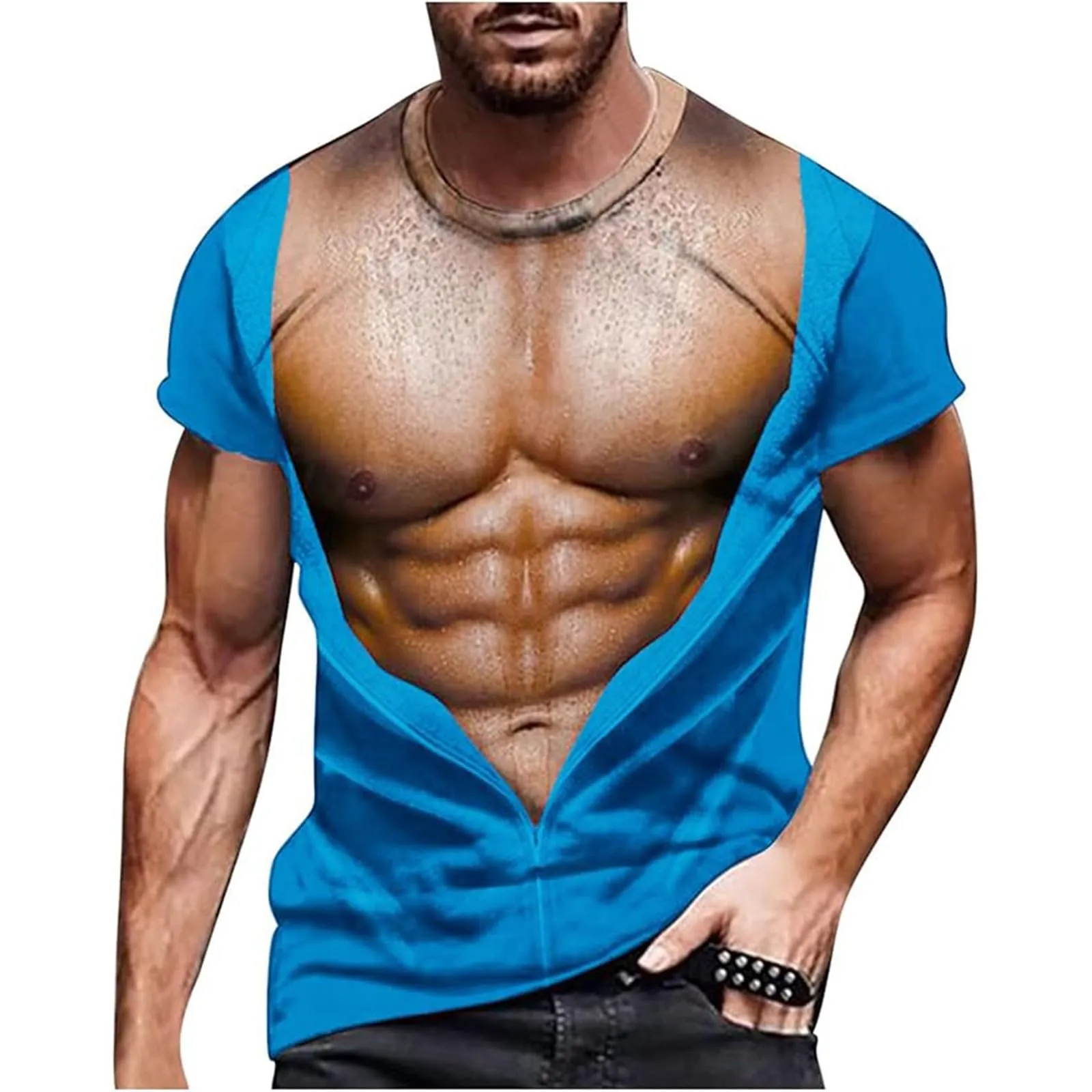 Maglietta da uomo con stampa 3D, gilet strappato e body muscolare, divertente maglietta divertente come scherzo per feste, carnevale o palestra, Stile_h21 blu, XL - immagine 1
