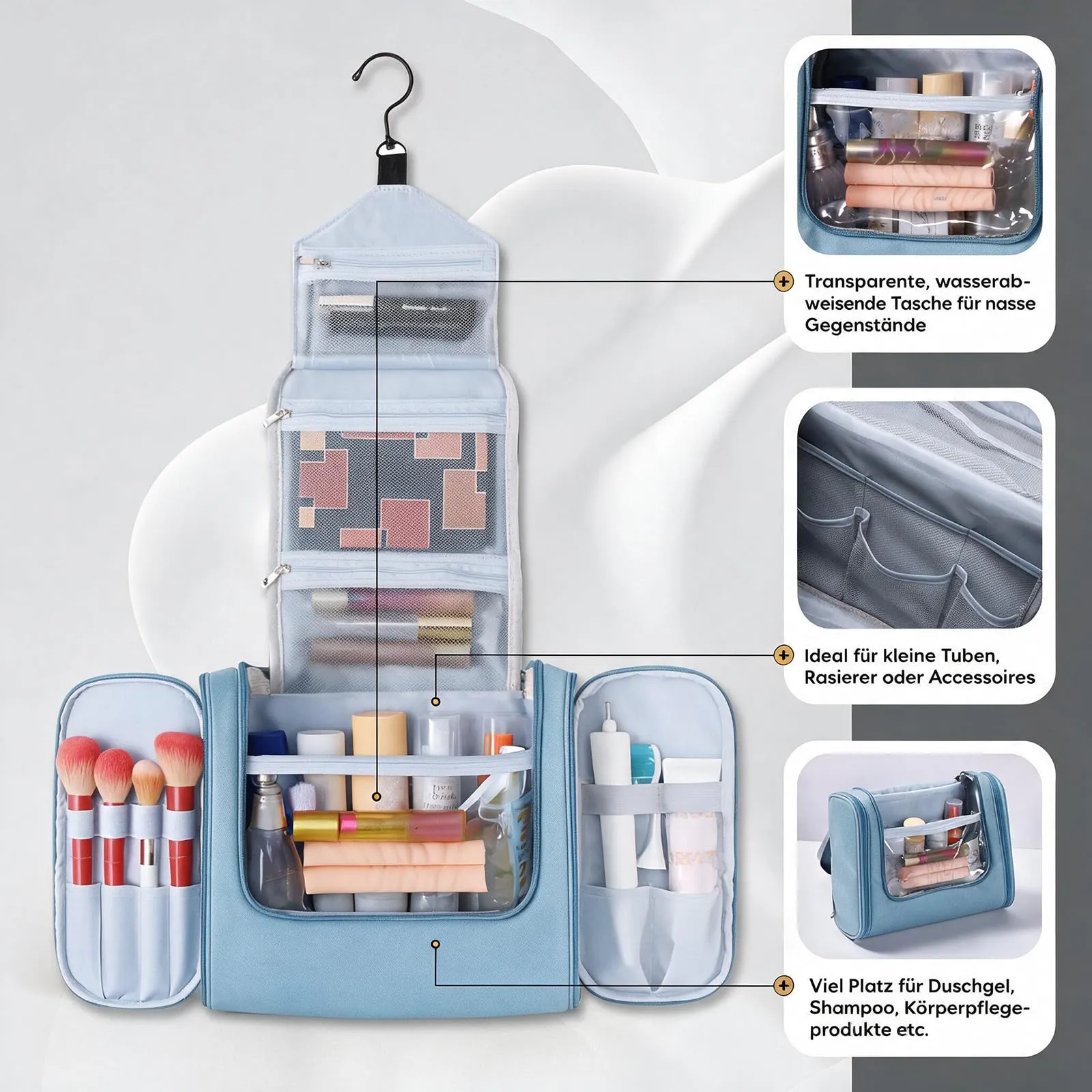 Beauty Case da Viaggio, Grande Borsa da Toilette da Appendere Impermeabile per Uomo e Donna, Per Tutta la Famiglia (Azzurro) - immagine 3
