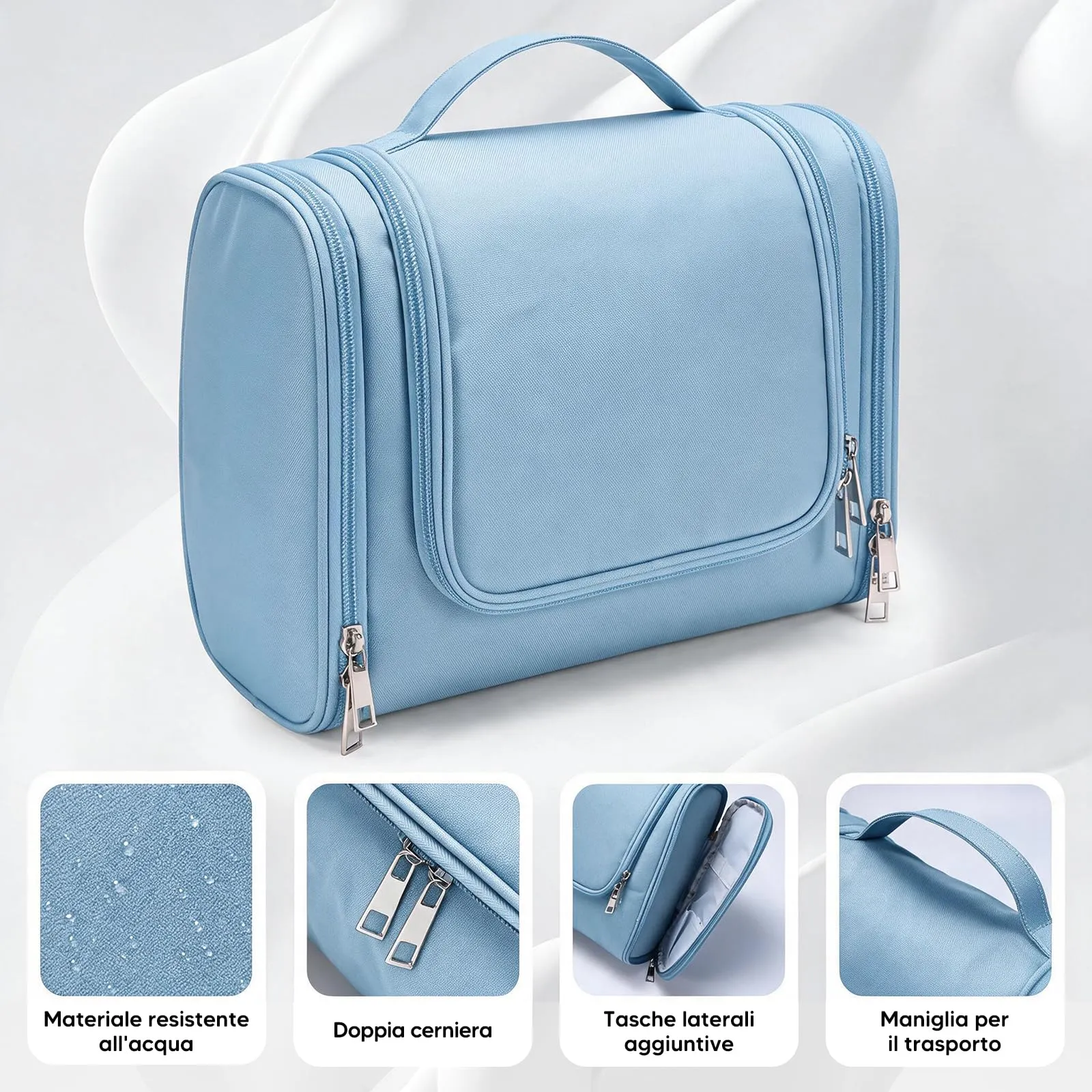 Beauty Case da Viaggio, Grande Borsa da Toilette da Appendere Impermeabile per Uomo e Donna, Per Tutta la Famiglia (Azzurro) - immagine 4