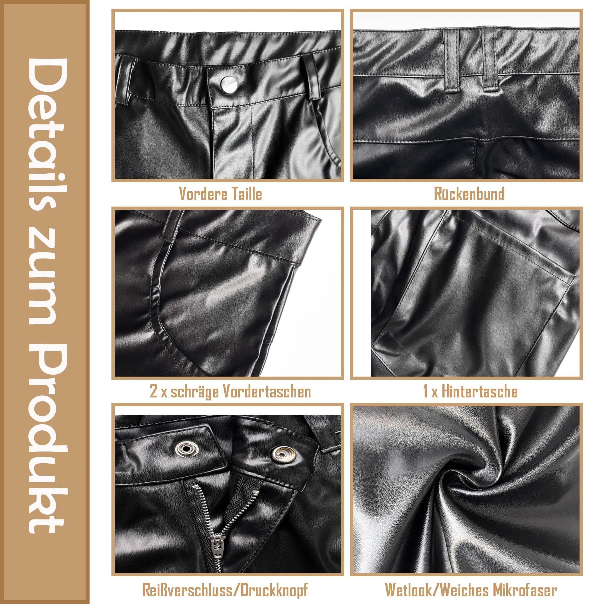 YUFEIDA Leggings da uomo classici effetto bagnato PU ecopelle pantaloni lunghi tasche con zip casual moto cosplay danza palcoscenico party club leggings pantaloni da uomo, XXL - immagine 3