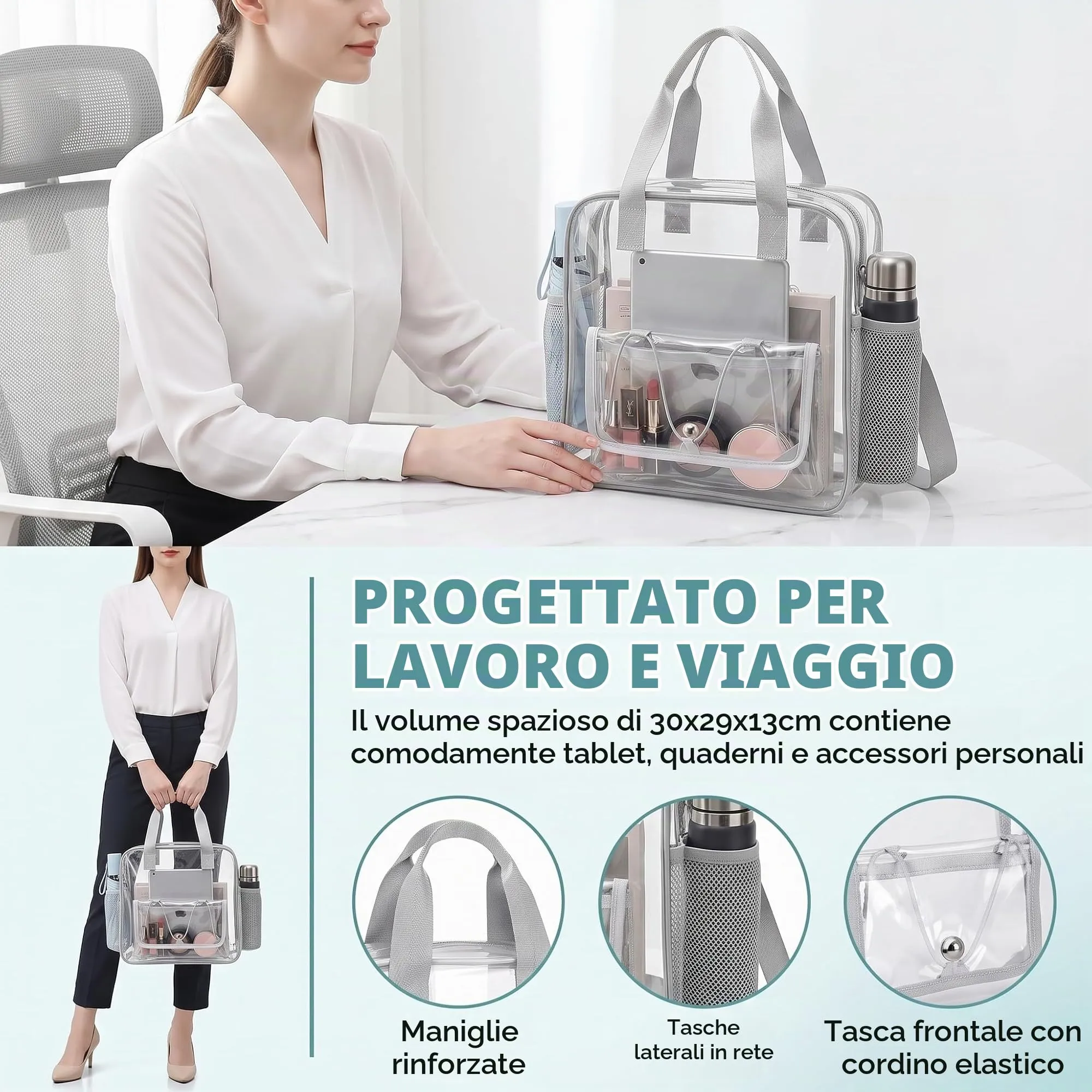 Borsa Trasparente PVC, 30x29x13 cm Tasca Trasparente con Tasche e Cerniera - immagine 3