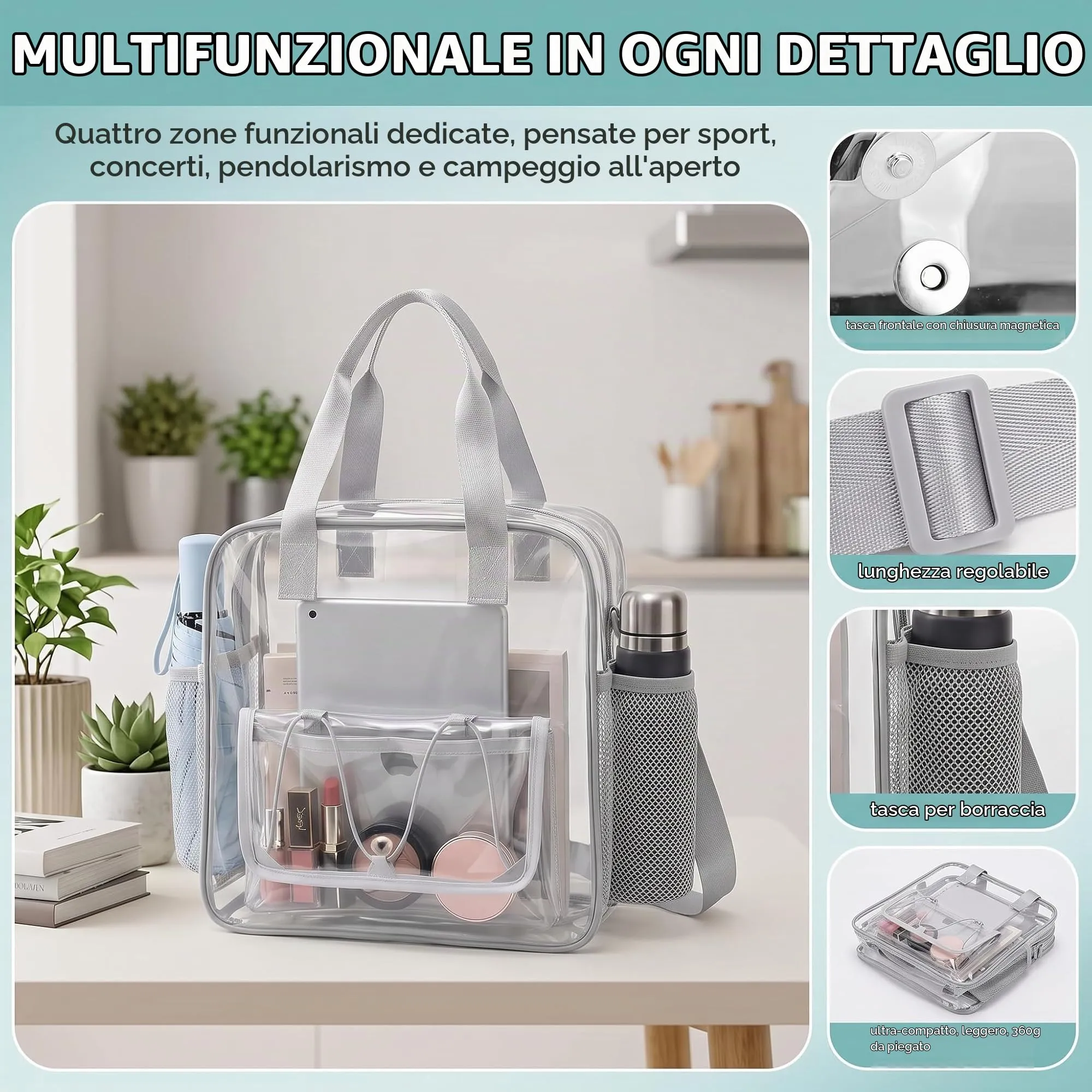 Borsa Trasparente PVC, 30x29x13 cm Tasca Trasparente con Tasche e Cerniera - immagine 6