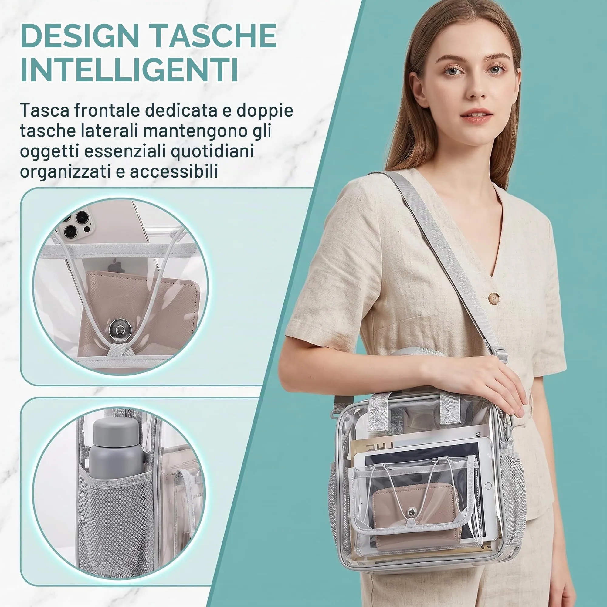 Borsa Trasparente PVC, 30x29x13 cm Tasca Trasparente con Tasche e Cerniera - immagine 7