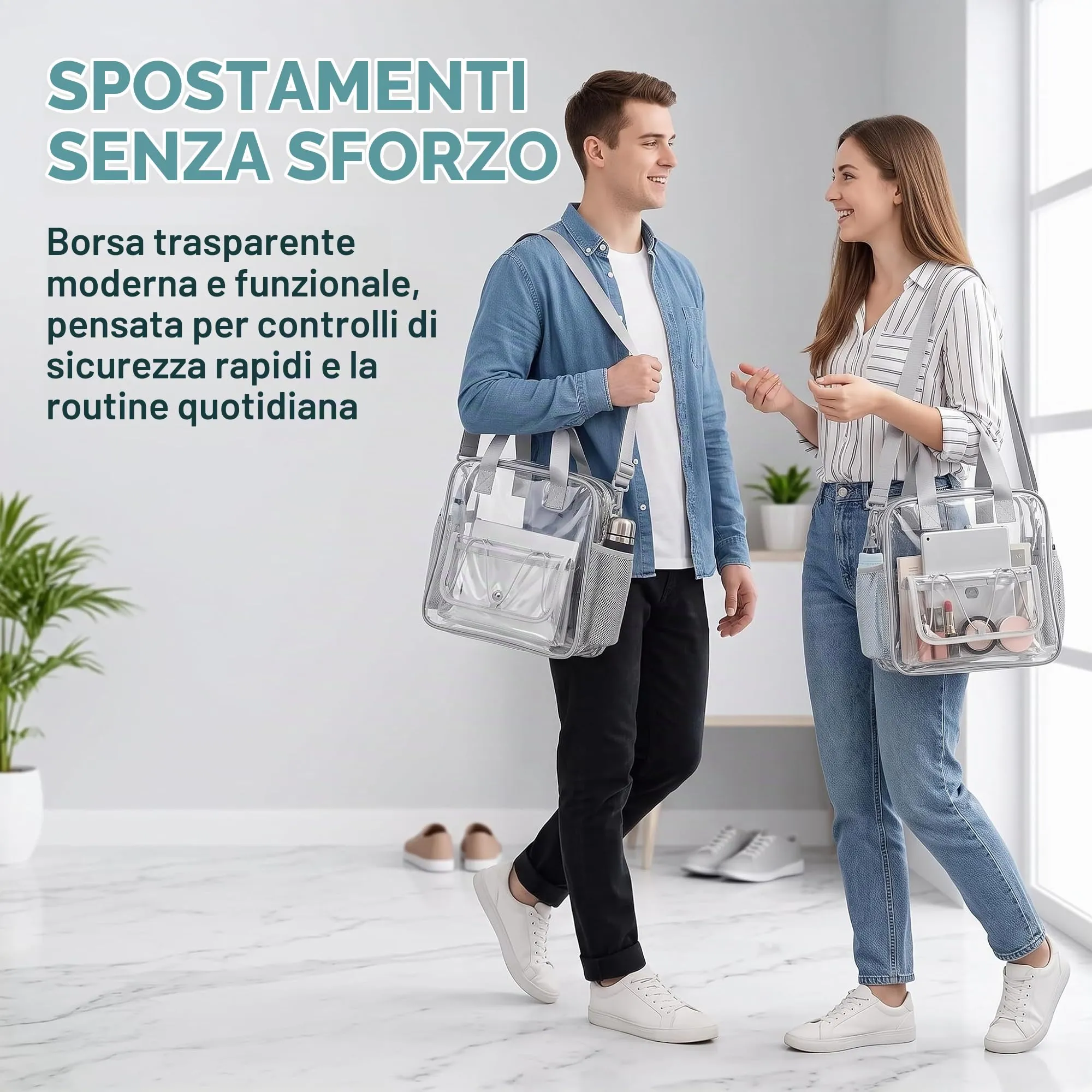 Borsa Trasparente PVC, 30x29x13 cm Tasca Trasparente con Tasche e Cerniera - immagine 8