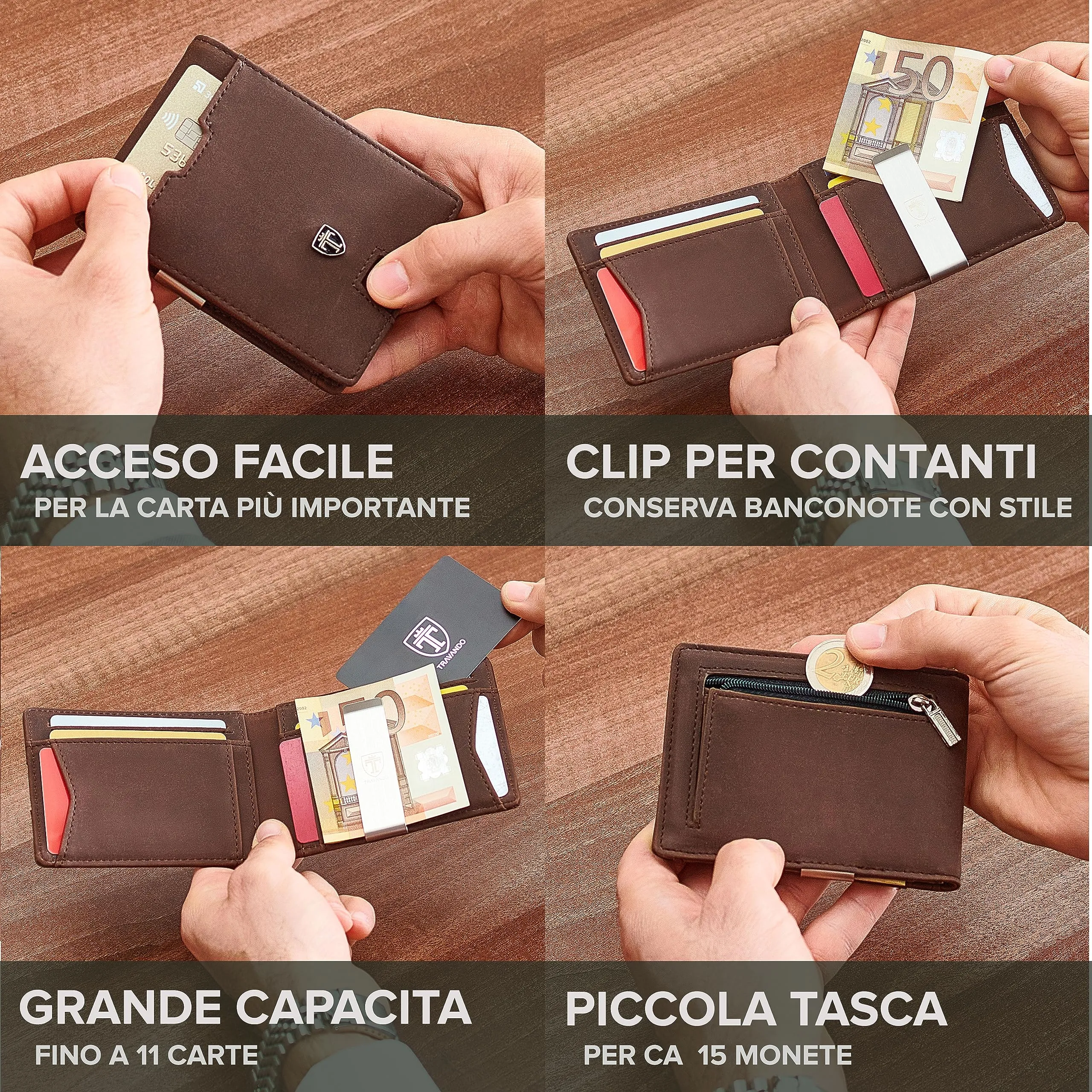TRAVANDO Portafoglio Uomo con Clip per Contanti ZURICH - 11 Tasche per la Carte - Porta carte di credito - Protezione RFID - Regalo perfetto per gli Uomini - Confezione Regalo (Marrone) - immagine 2