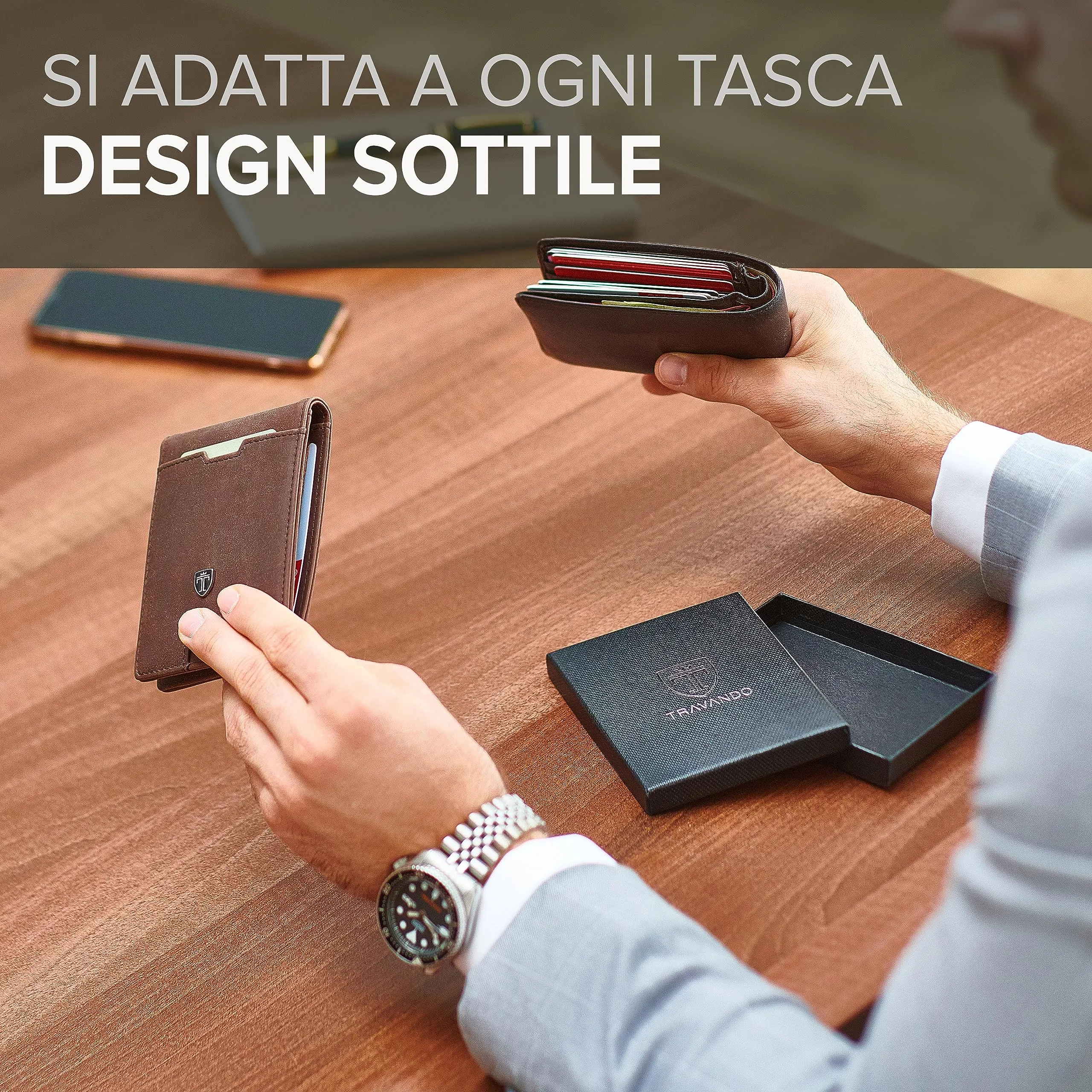 TRAVANDO Portafoglio Uomo con Clip per Contanti ZURICH - 11 Tasche per la Carte - Porta carte di credito - Protezione RFID - Regalo perfetto per gli Uomini - Confezione Regalo (Marrone) - immagine 3