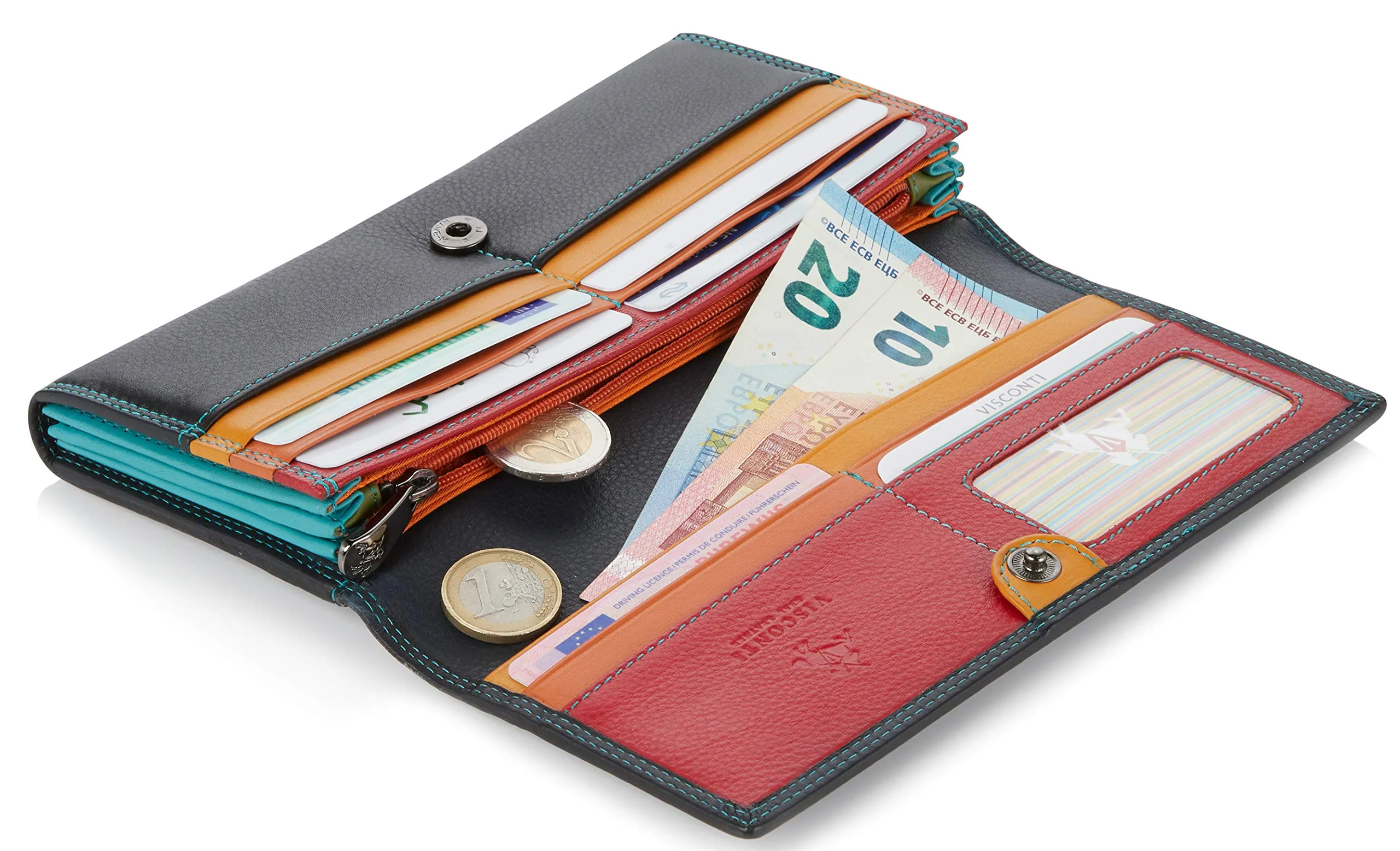 VISCONTI ® Portafoglio Donna Vera Pelle con protezione RFID - XL 18 x 9 cm - Porta Carte di Credito con Portamonete Borsellino Portafogli Porta Banconote -COLORADO (CD-21 Nero/Multi) - immagine 2