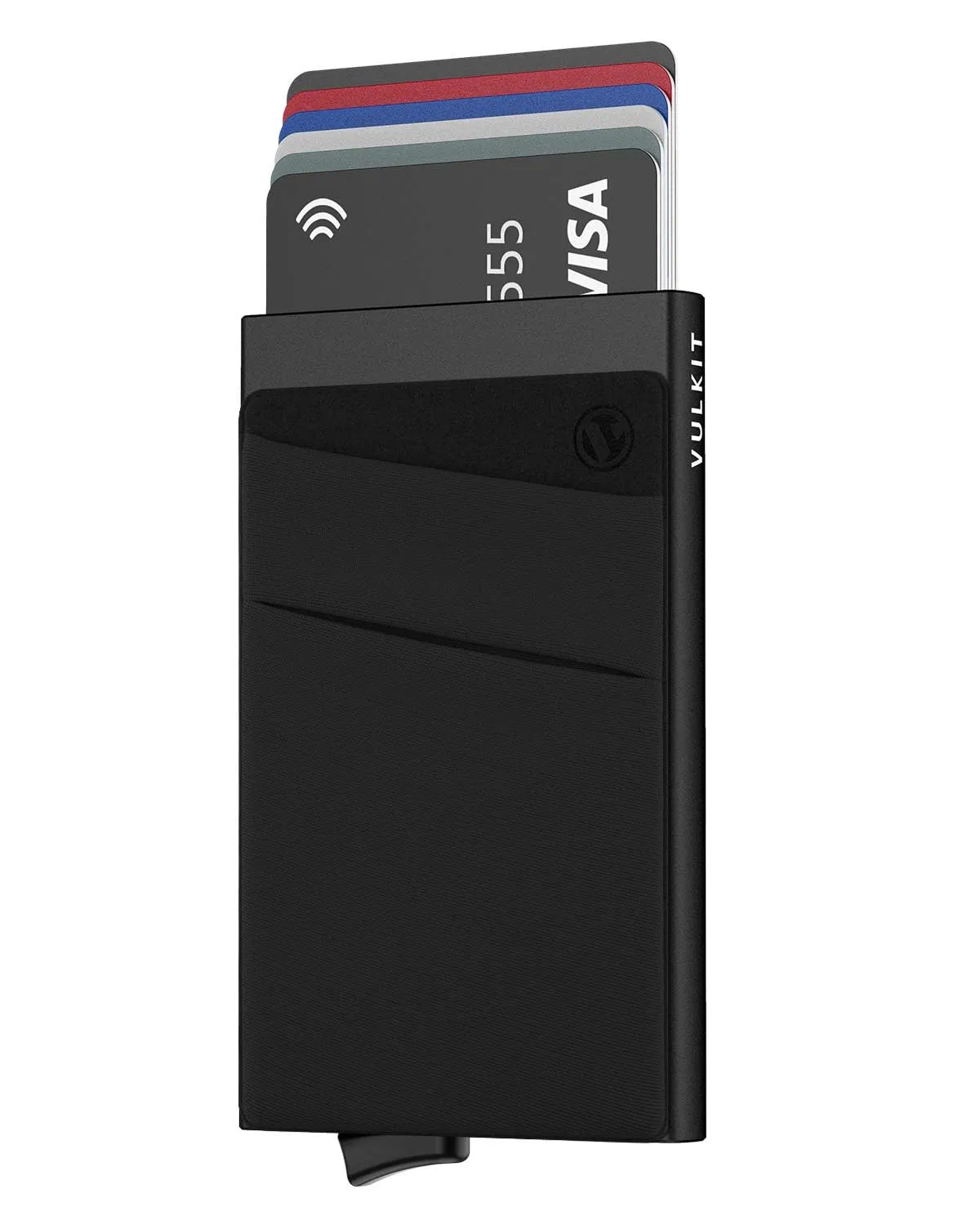 VULKIT Porta Carte di Credito Uomo o Donna Schermato RFID Pop-Up Portafoglio Uomo Slim Porta Tessere Metallo Rigido con Tasca Elastica, Nero - immagine 1