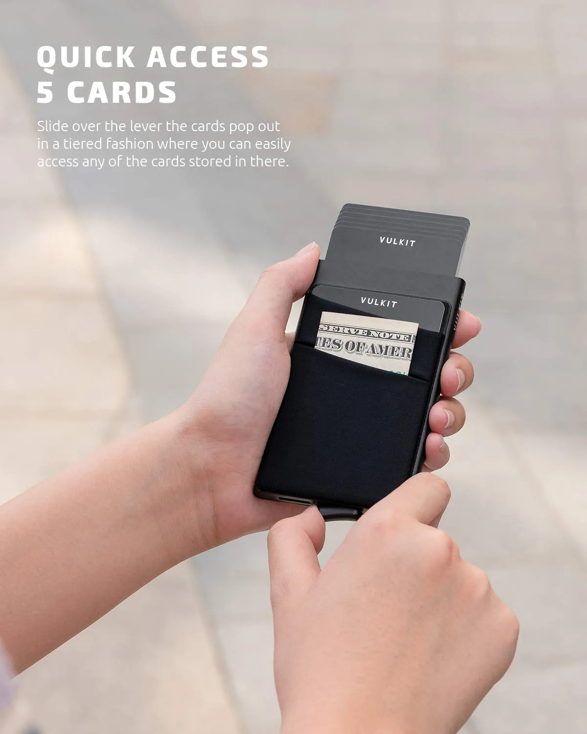 VULKIT Porta Carte di Credito Uomo o Donna Schermato RFID Pop-Up Portafoglio Uomo Slim Porta Tessere Metallo Rigido con Tasca Elastica, Nero - immagine 2