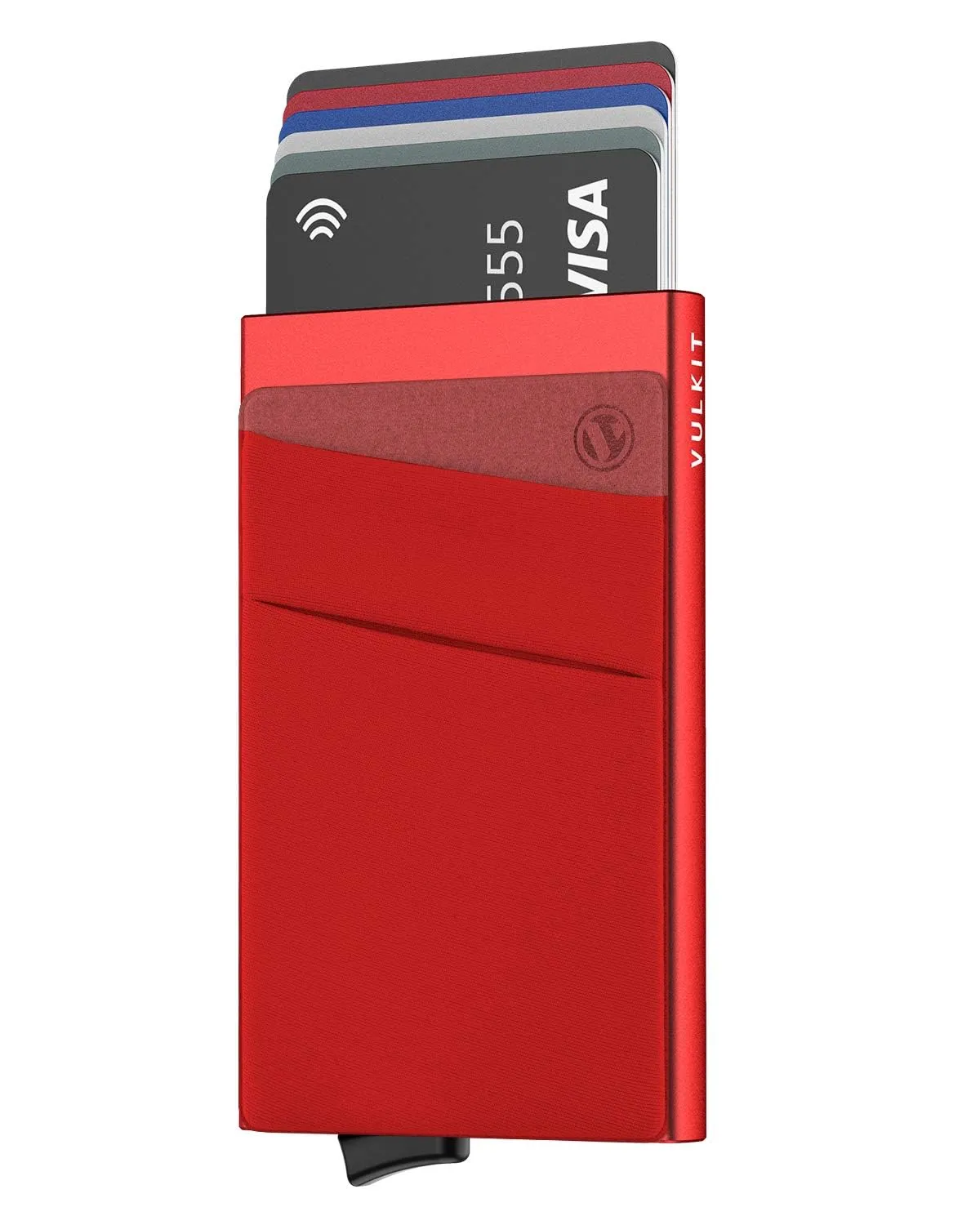 VULKIT Porta Carte di Credito Uomo o Donna Schermato RFID Pop-Up Portafoglio Uomo Slim Porta Tessere Metallo Rigido con Tasca Elastica, Rosso - immagine 1