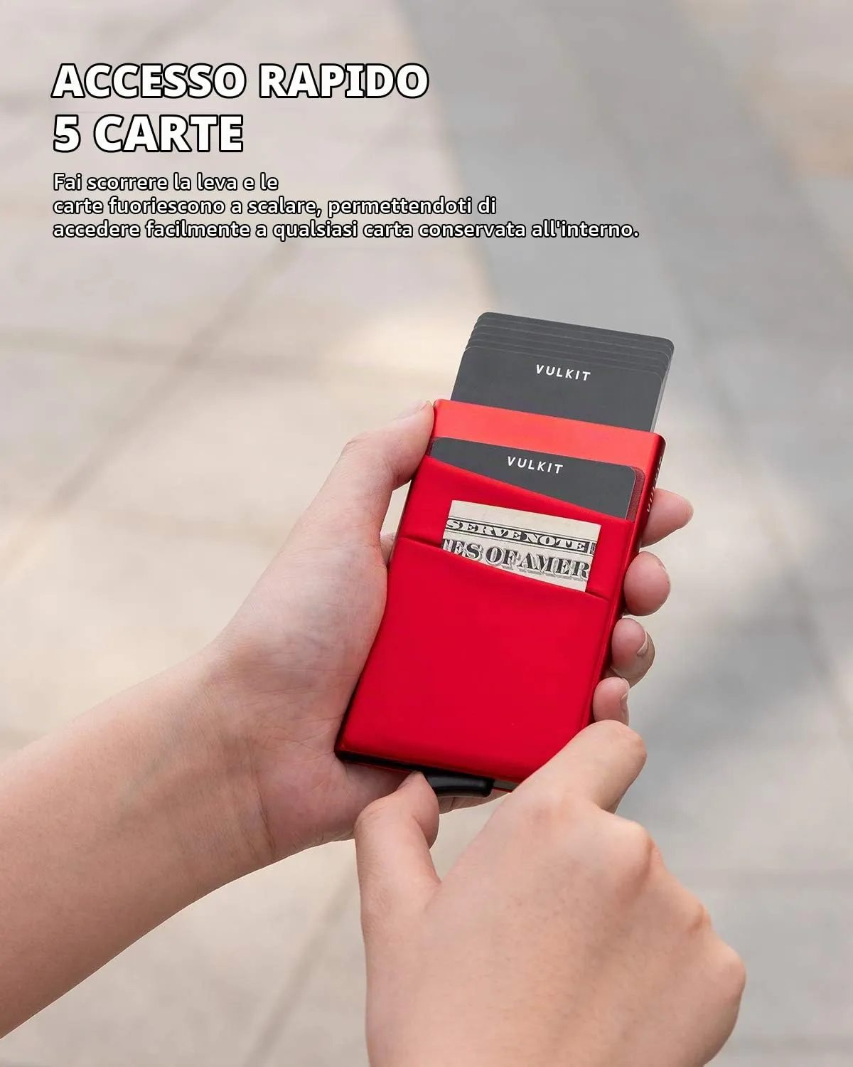 VULKIT Porta Carte di Credito Uomo o Donna Schermato RFID Pop-Up Portafoglio Uomo Slim Porta Tessere Metallo Rigido con Tasca Elastica, Rosso - immagine 2