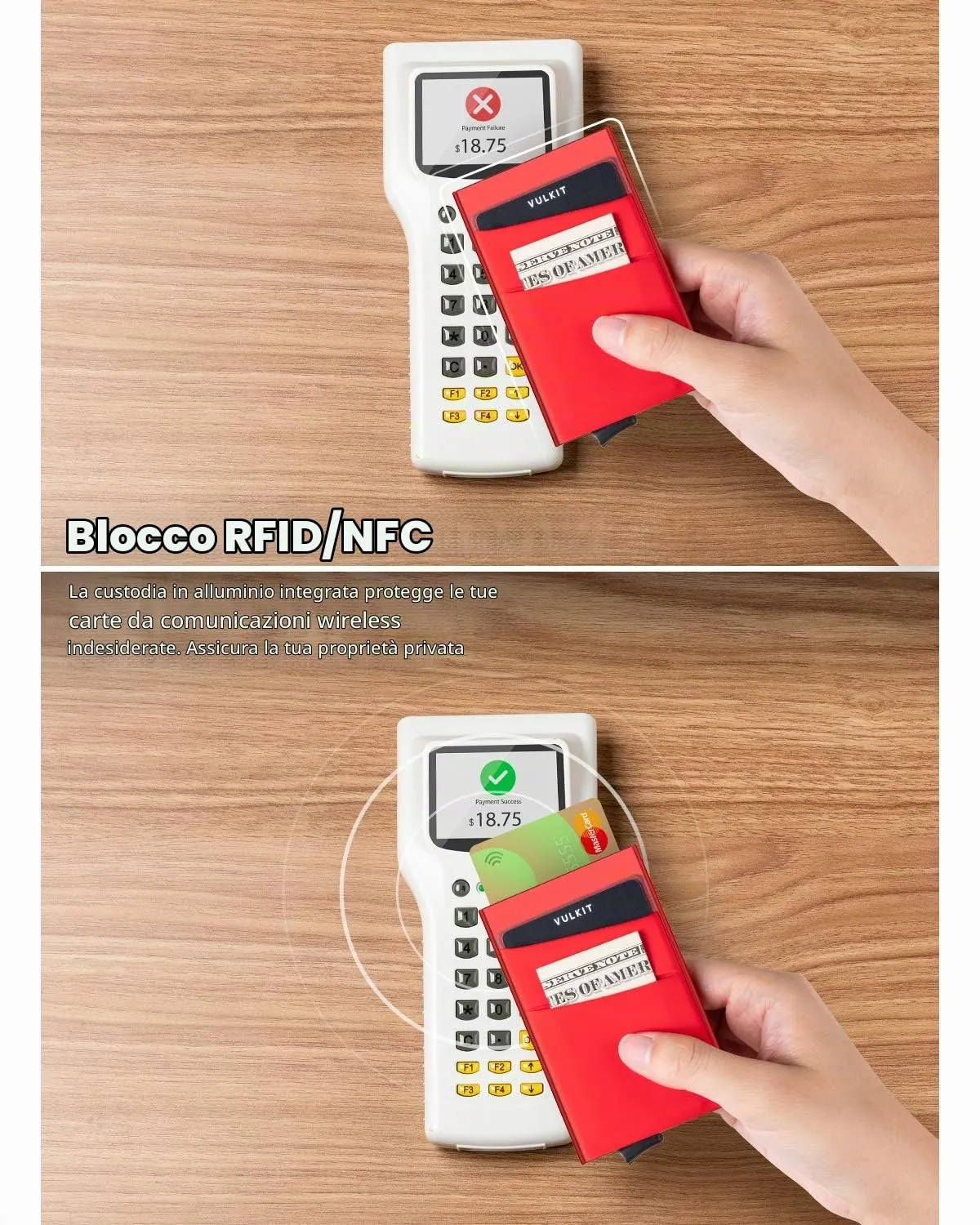 VULKIT Porta Carte di Credito Uomo o Donna Schermato RFID Pop-Up Portafoglio Uomo Slim Porta Tessere Metallo Rigido con Tasca Elastica, Rosso - immagine 3