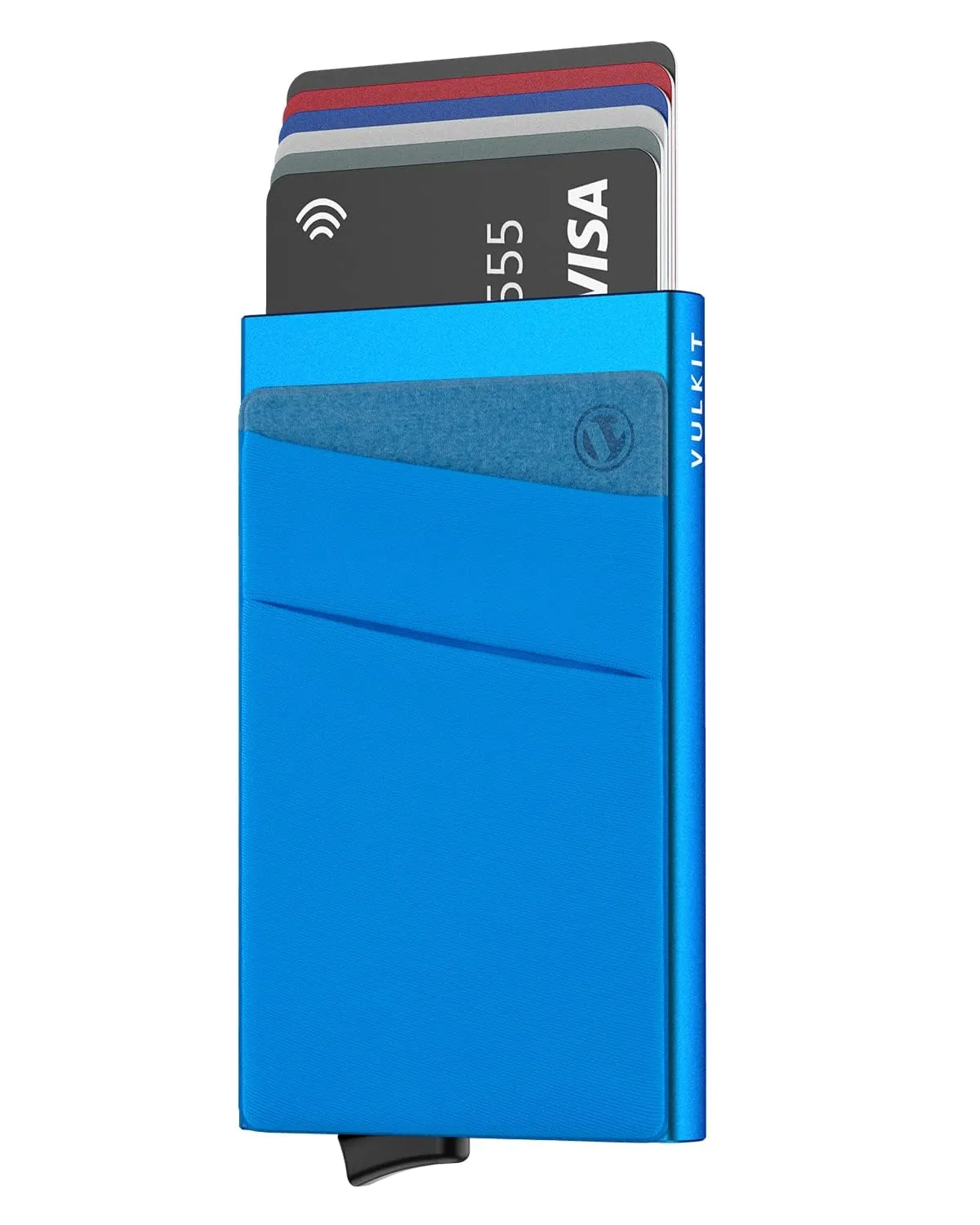 VULKIT Porta Carte di Credito Uomo o Donna Schermato RFID Pop-Up Portafoglio Uomo Slim Porta Tessere Metallo Rigido con Tasca Elastica, Blu - immagine 1
