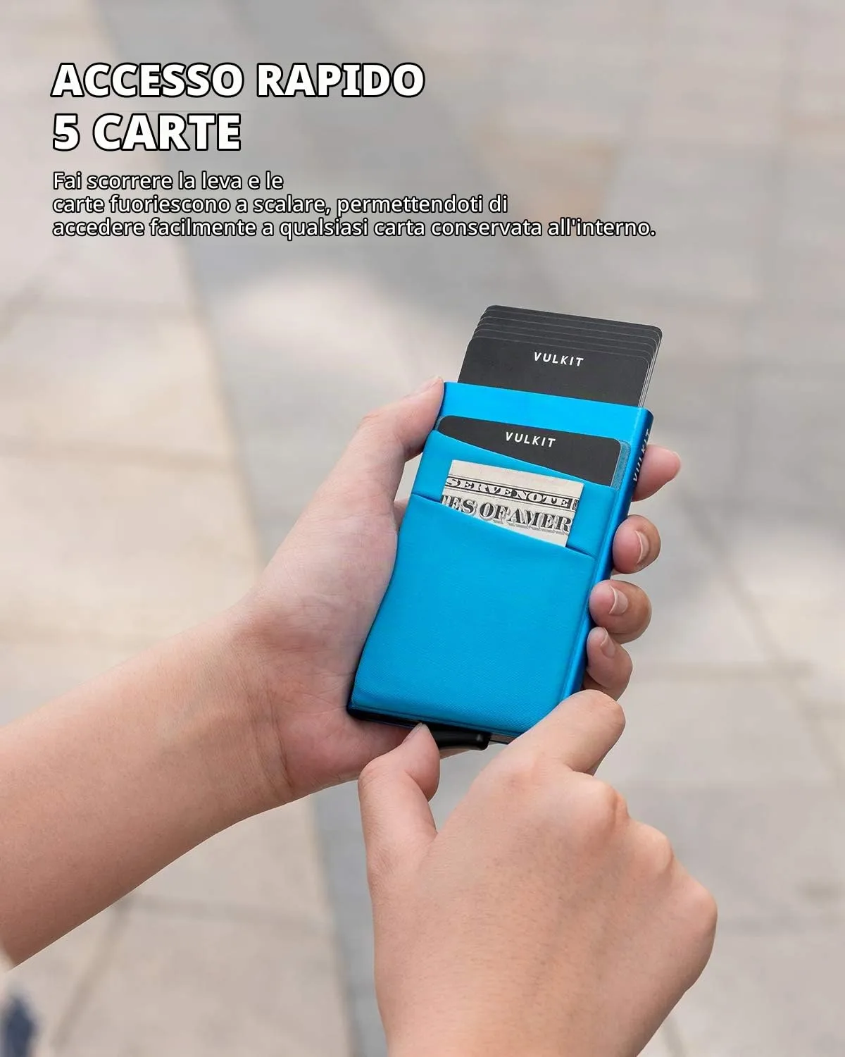 VULKIT Porta Carte di Credito Uomo o Donna Schermato RFID Pop-Up Portafoglio Uomo Slim Porta Tessere Metallo Rigido con Tasca Elastica, Blu - immagine 2