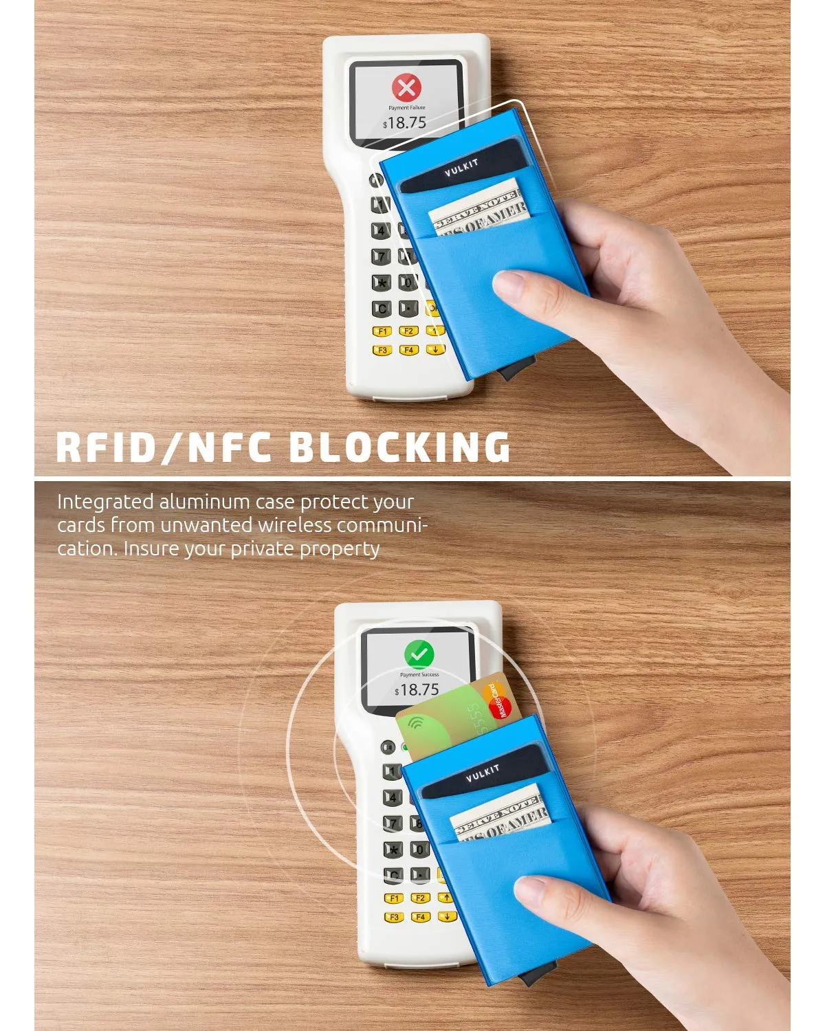VULKIT Porta Carte di Credito Uomo o Donna Schermato RFID Pop-Up Portafoglio Uomo Slim Porta Tessere Metallo Rigido con Tasca Elastica, Blu - immagine 3