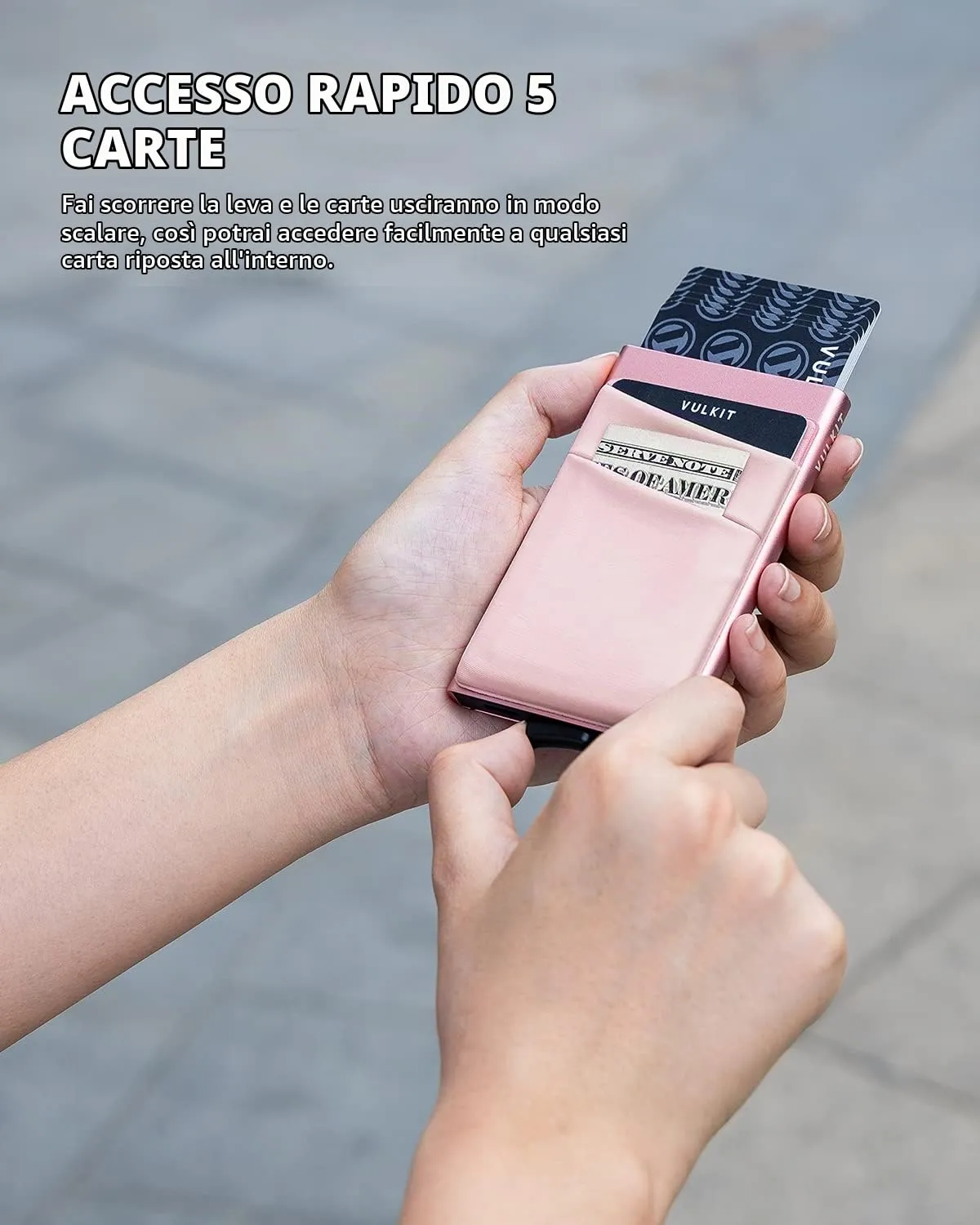 VULKIT Porta Carte di Credito Uomo o Donna Schermato RFID Pop-Up Portafoglio Uomo Slim Porta Tessere Metallo Rigido con Tasca Elastica, Oro Rosa - immagine 2
