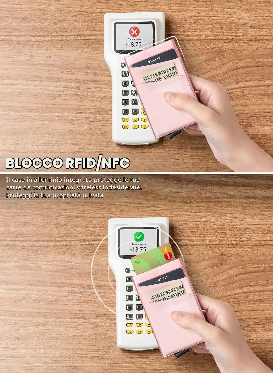 VULKIT Porta Carte di Credito Uomo o Donna Schermato RFID Pop-Up Portafoglio Uomo Slim Porta Tessere Metallo Rigido con Tasca Elastica, Oro Rosa - immagine 3