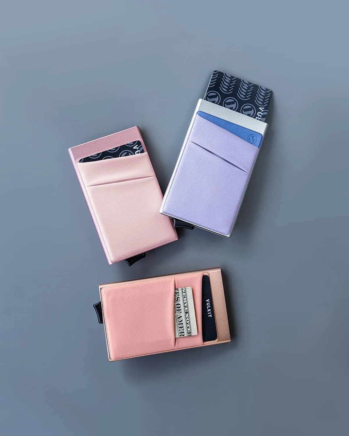 VULKIT Porta Carte di Credito Uomo o Donna Schermato RFID Pop-Up Portafoglio Uomo Slim Porta Tessere Metallo Rigido con Tasca Elastica, Oro Rosa - immagine 6