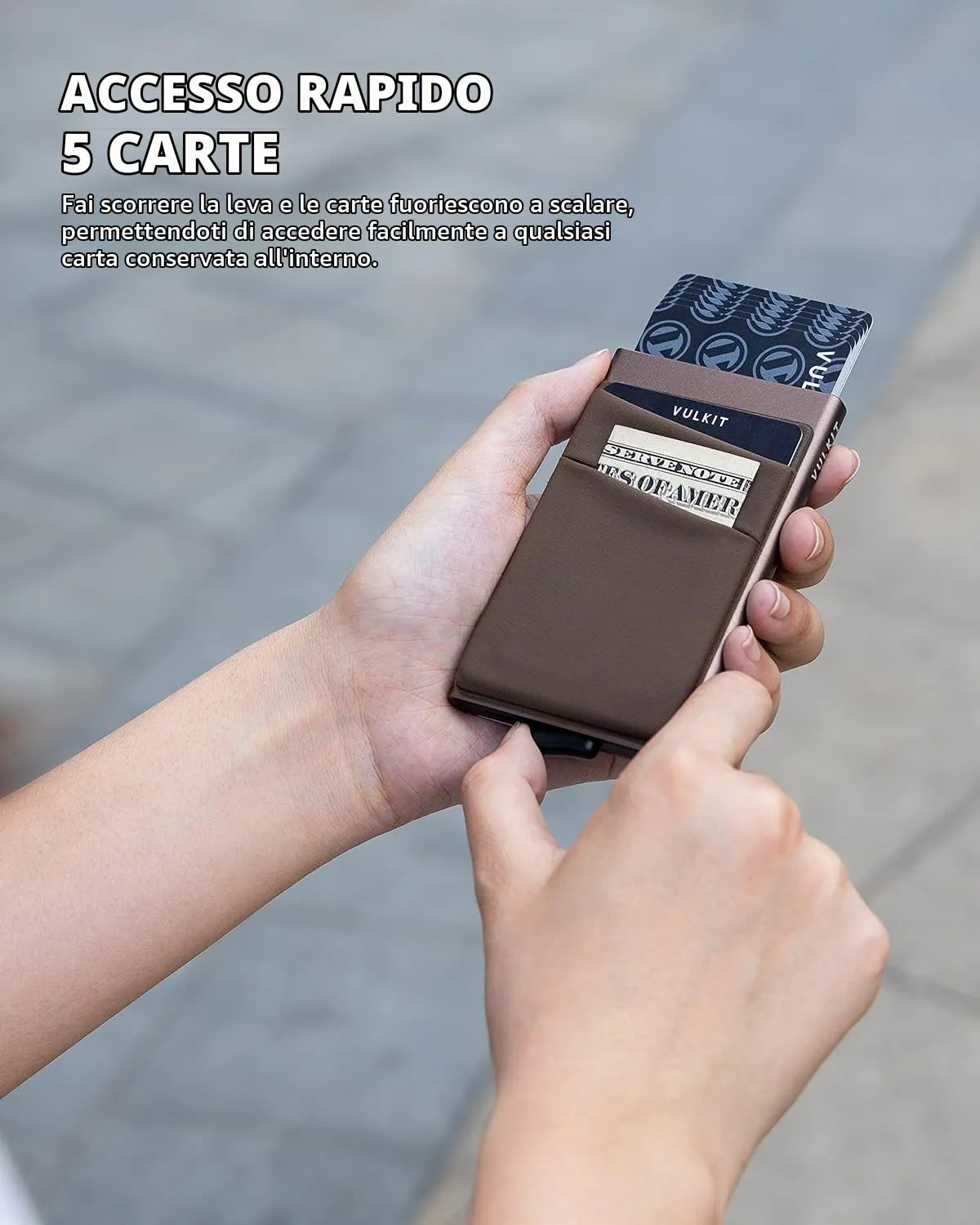 VULKIT Porta Carte di Credito Uomo o Donna Schermato RFID Pop-Up Portafoglio Uomo Slim Porta Tessere Metallo Rigido con Tasca Elastica, Grigio Nichel - immagine 2