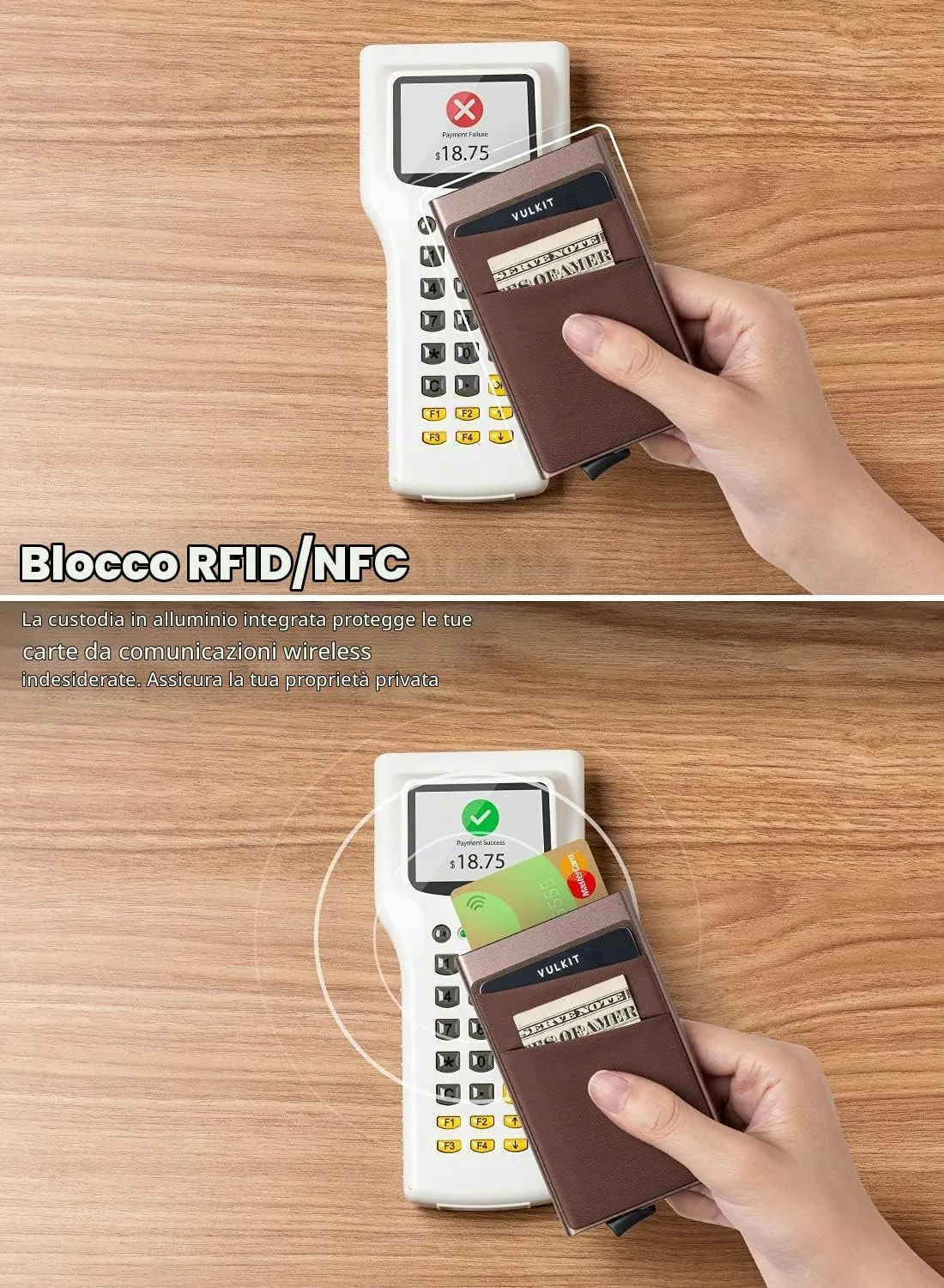 VULKIT Porta Carte di Credito Uomo o Donna Schermato RFID Pop-Up Portafoglio Uomo Slim Porta Tessere Metallo Rigido con Tasca Elastica, Grigio Nichel - immagine 3