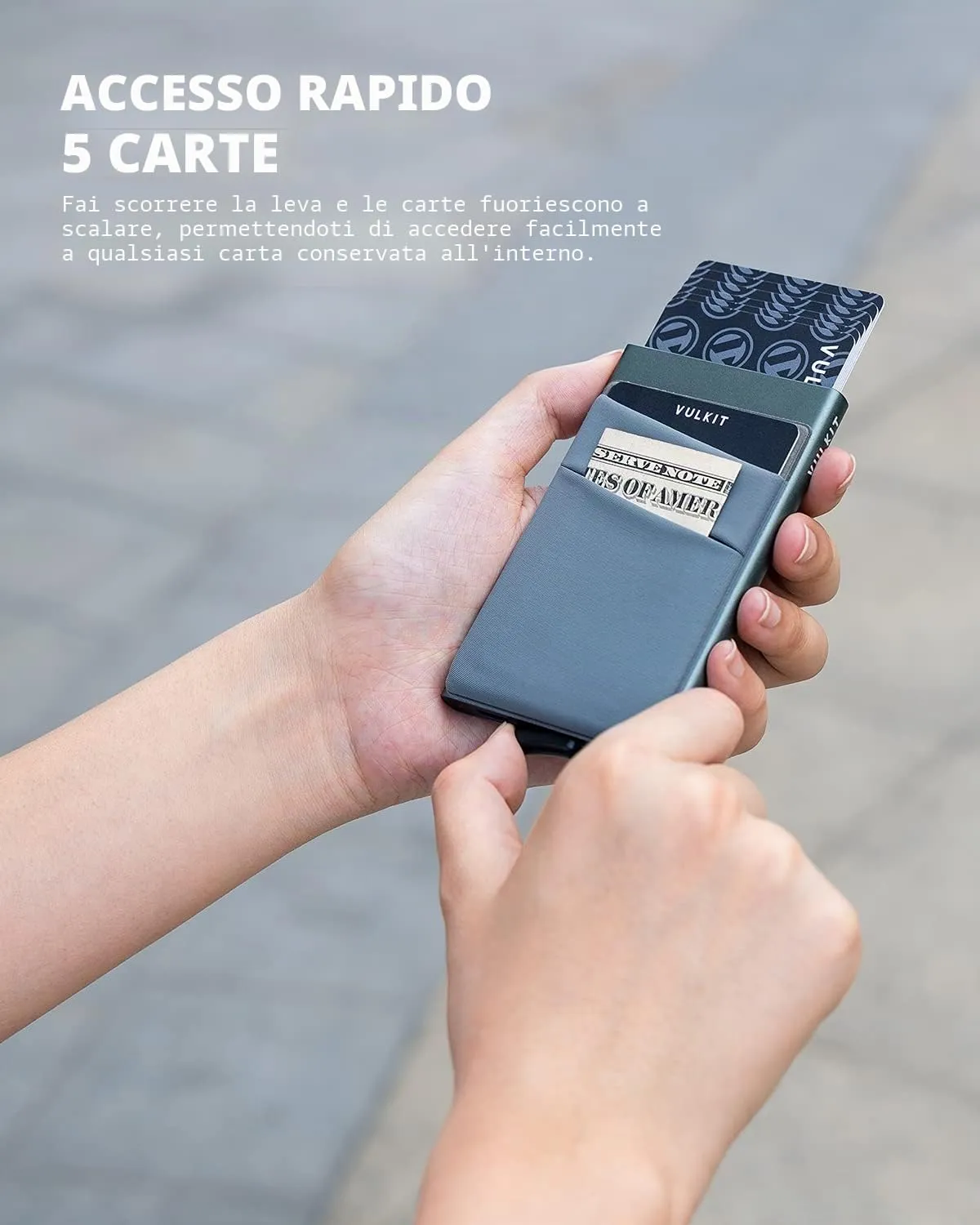 VULKIT Porta Carte di Credito Uomo o Donna Schermato RFID Pop-Up Portafoglio Uomo Slim Porta Tessere Metallo Rigido con Tasca Elastica, Spazio Grigio - immagine 2