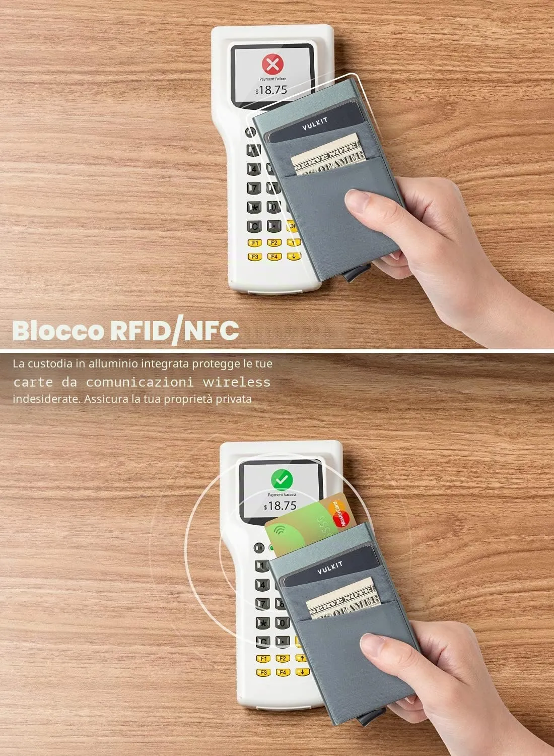VULKIT Porta Carte di Credito Uomo o Donna Schermato RFID Pop-Up Portafoglio Uomo Slim Porta Tessere Metallo Rigido con Tasca Elastica, Spazio Grigio - immagine 3