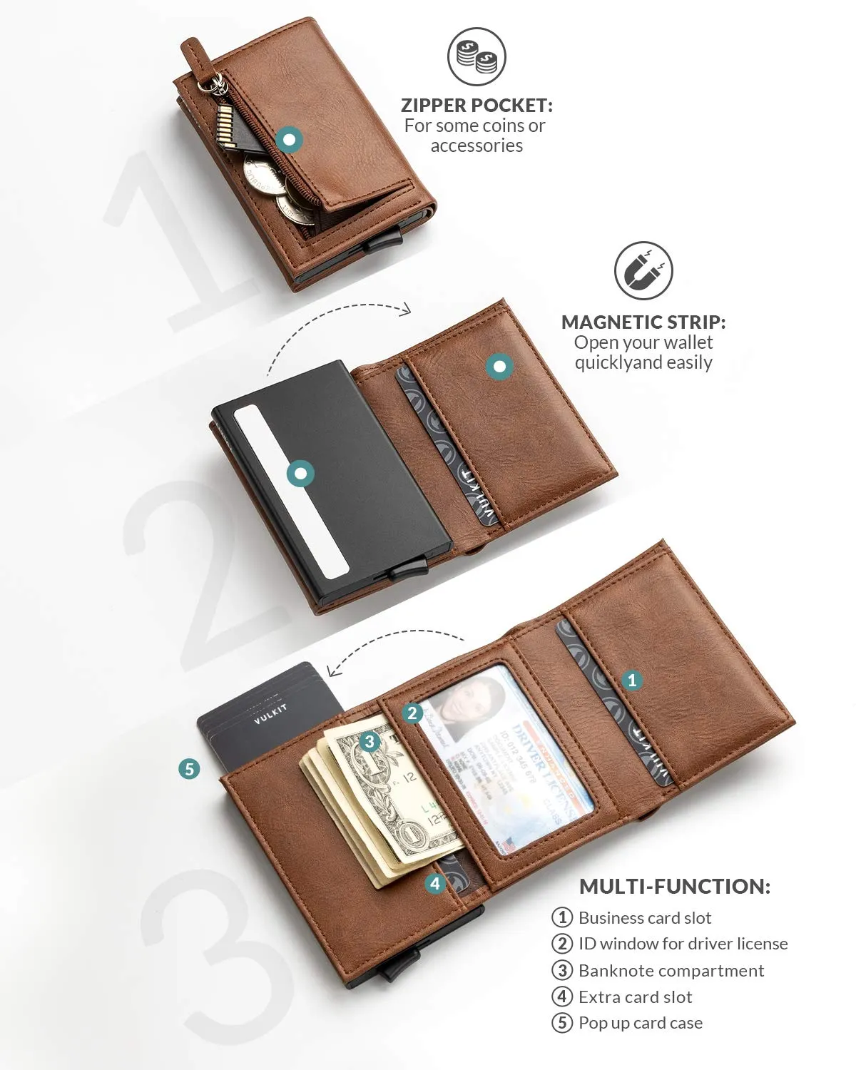 VULKIT Porta Carte di Credito Schermato RFID Portafoglio Uomo Bifold in Pelle Pop Up Automatico e Porta Banconote Tasca Monete con Zip, Marrone - immagine 2