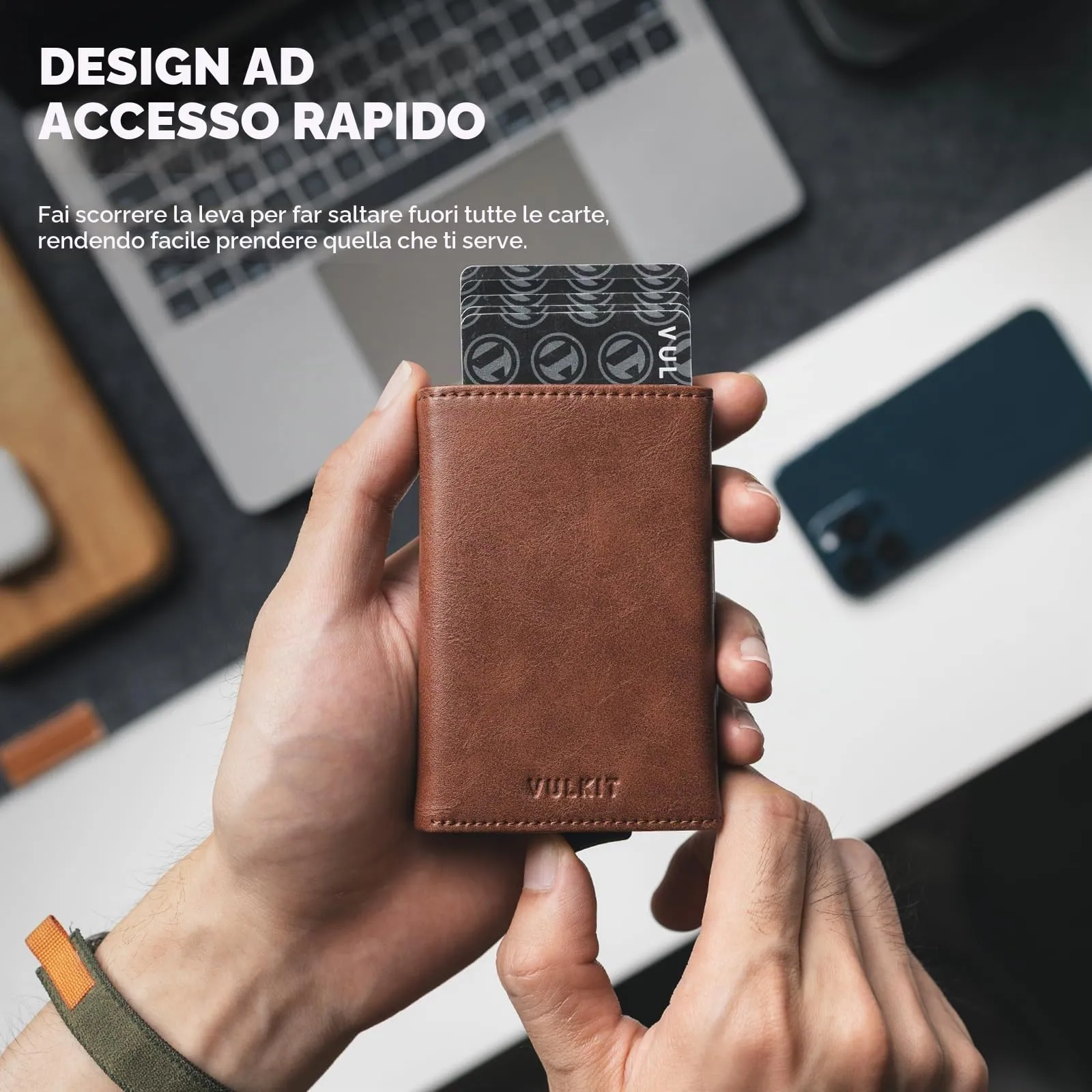 VULKIT Porta Carte di Credito Schermato RFID Portafoglio Uomo Bifold in Pelle Pop Up Automatico e Porta Banconote Tasca Monete con Zip, Marrone - immagine 3