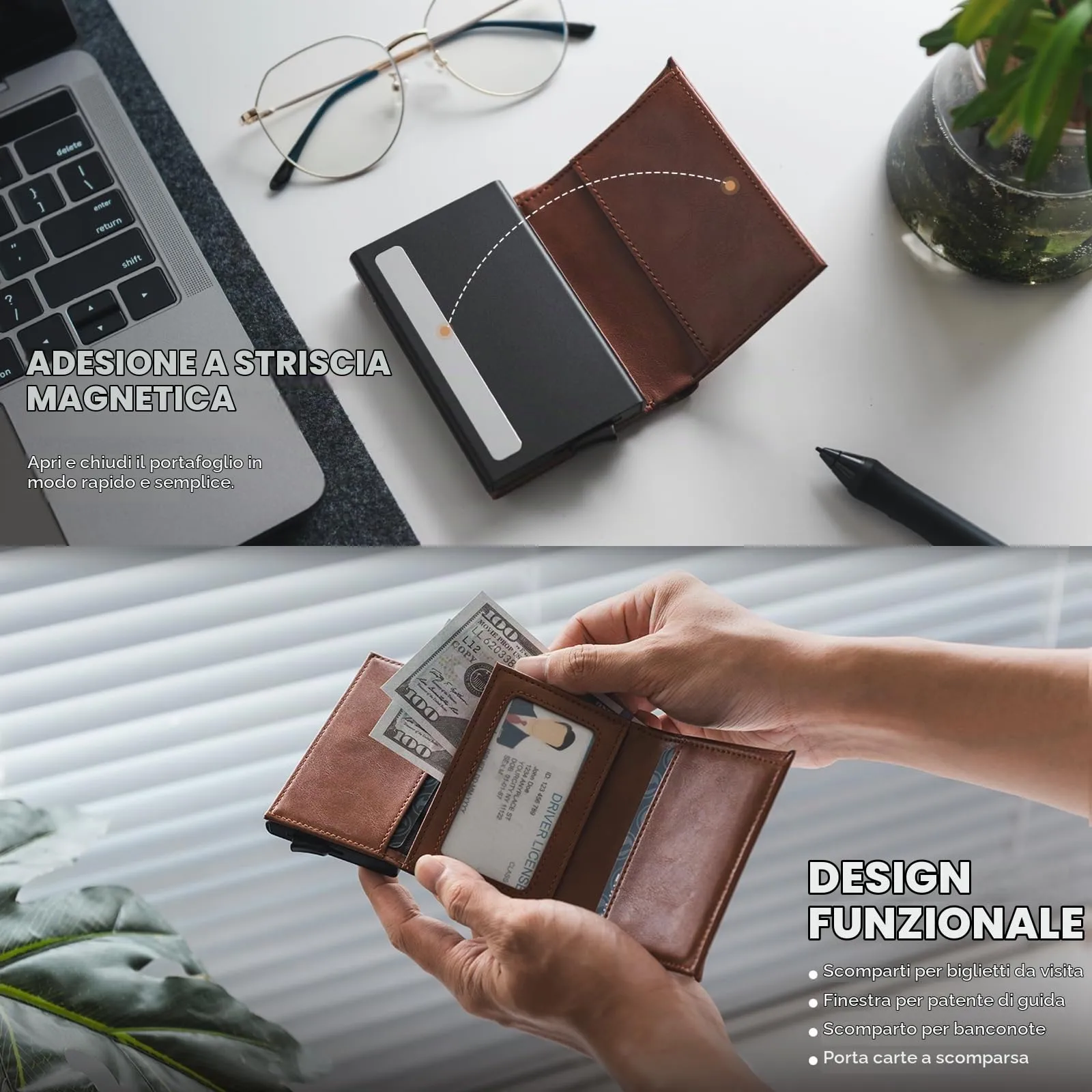 VULKIT Porta Carte di Credito Schermato RFID Portafoglio Uomo Bifold in Pelle Pop Up Automatico e Porta Banconote Tasca Monete con Zip, Marrone - immagine 4
