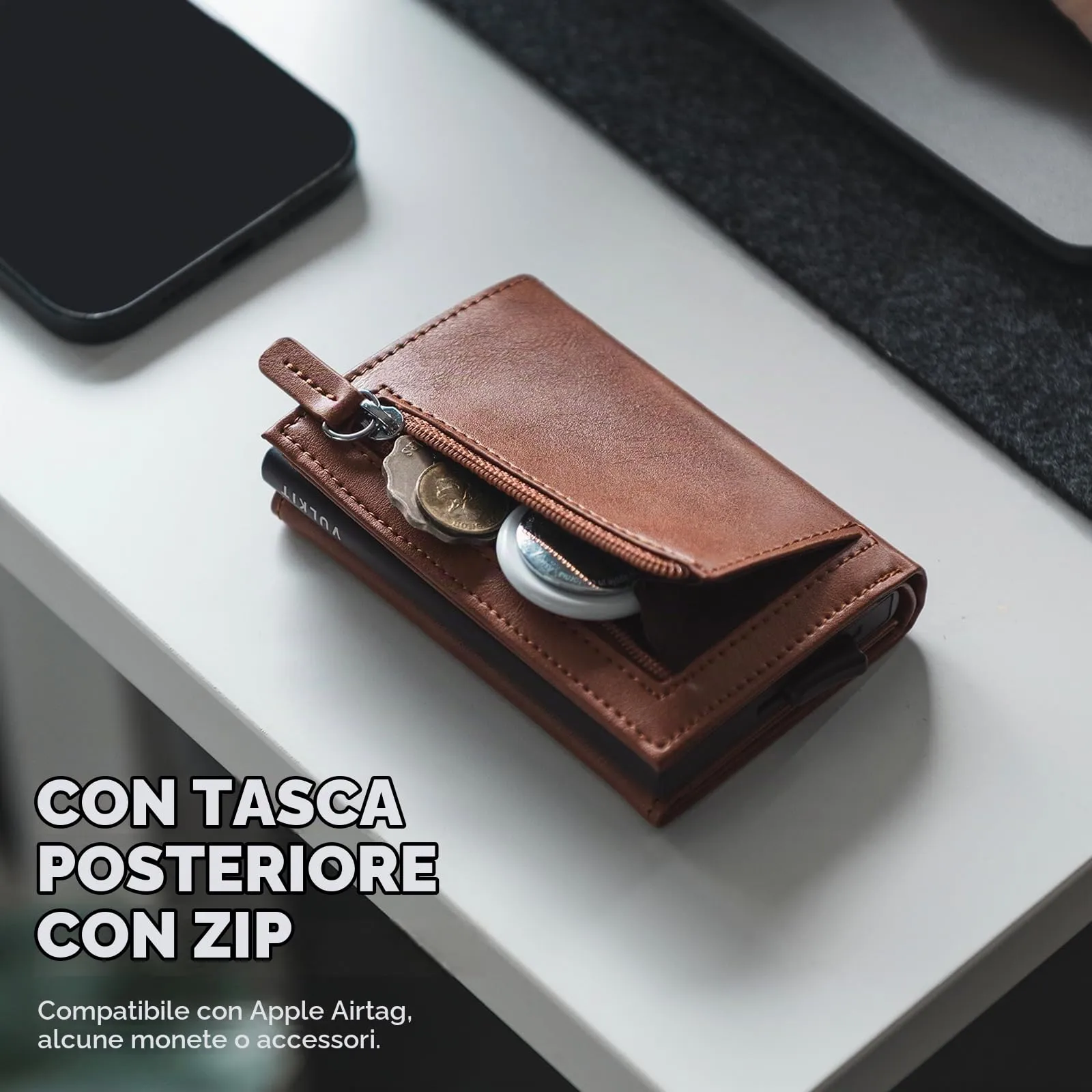 VULKIT Porta Carte di Credito Schermato RFID Portafoglio Uomo Bifold in Pelle Pop Up Automatico e Porta Banconote Tasca Monete con Zip, Marrone - immagine 5
