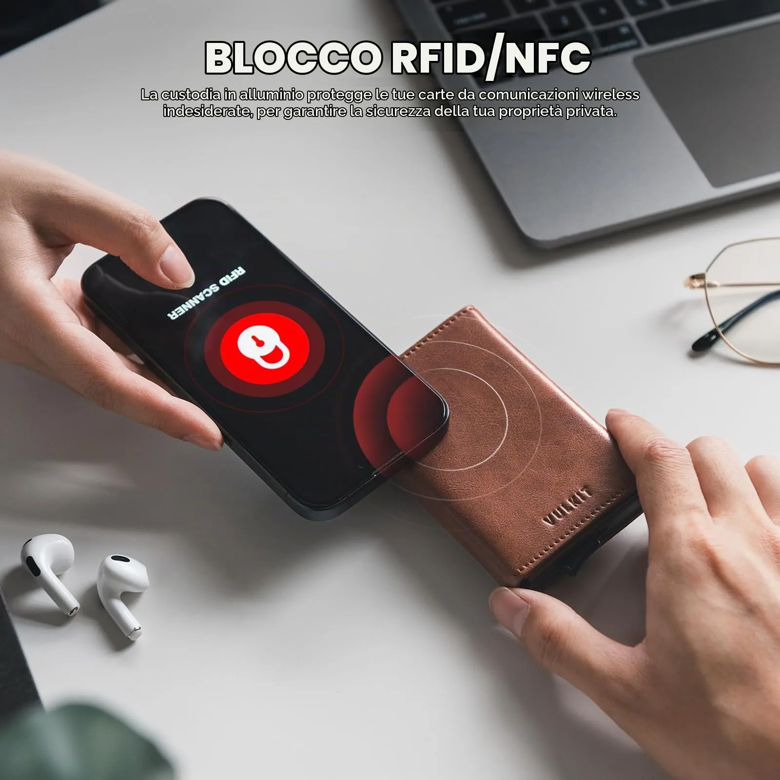 VULKIT Porta Carte di Credito Schermato RFID Portafoglio Uomo Bifold in Pelle Pop Up Automatico e Porta Banconote Tasca Monete con Zip, Marrone - immagine 6