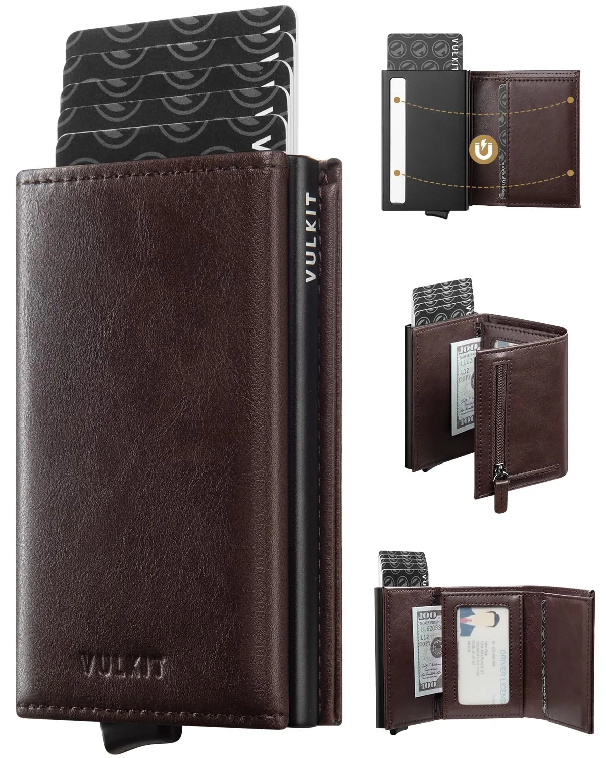 VULKIT Porta Carte di Credito Schermato RFID Portafoglio Uomo Bifold in Pelle Pop Up Automatico e Porta Banconote Tasca Monete con Zip, Espresso - immagine 1