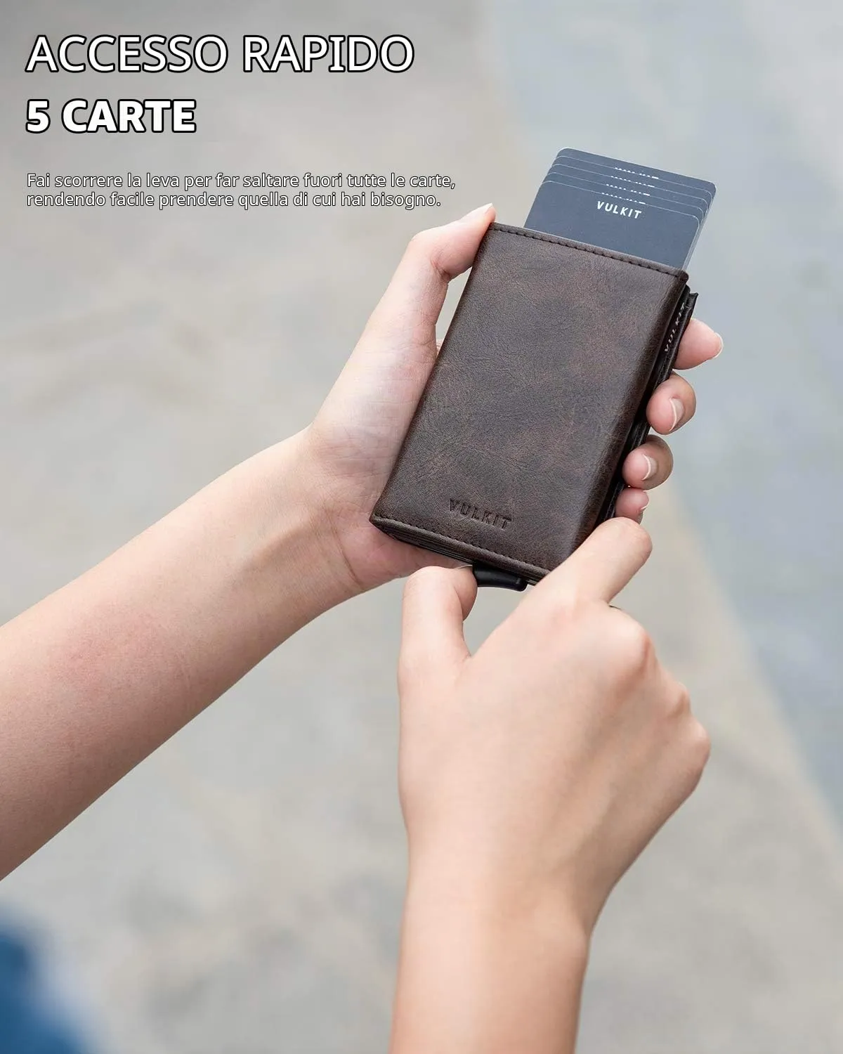 VULKIT Porta Carte di Credito Schermato RFID Portafoglio Uomo Bifold in Pelle Pop Up Automatico e Porta Banconote Tasca Monete con Zip, Espresso - immagine 2