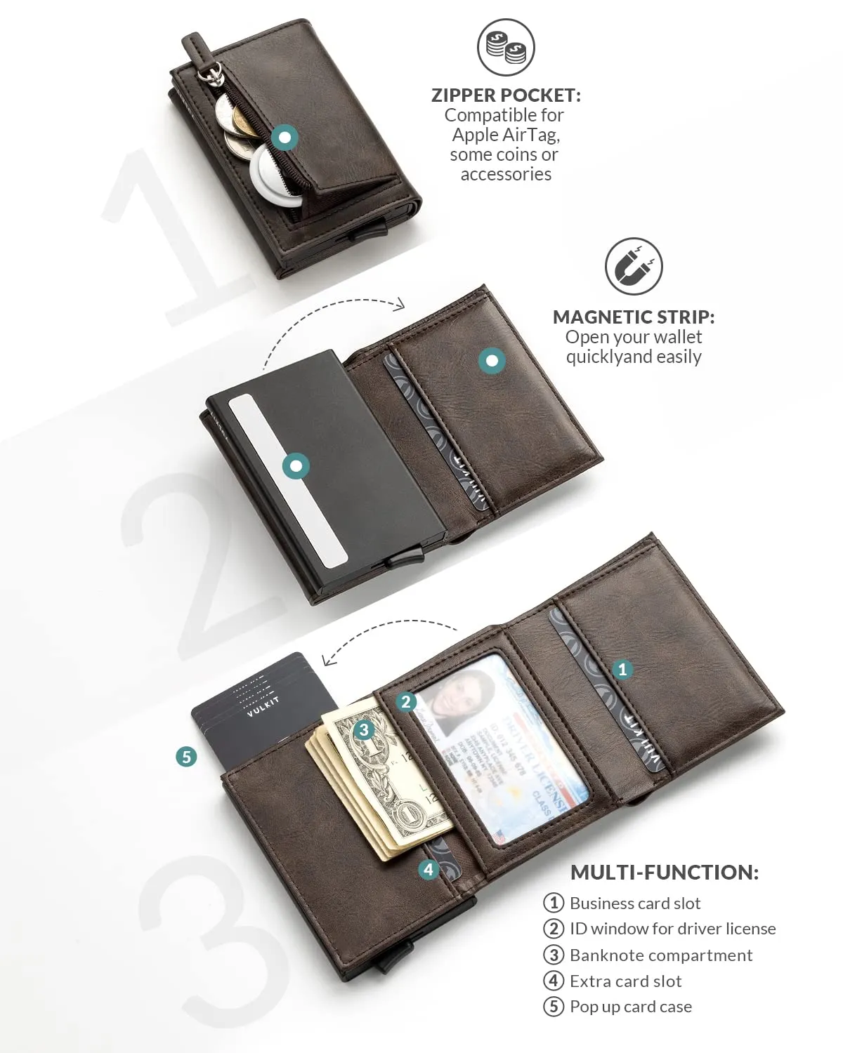 VULKIT Porta Carte di Credito Schermato RFID Portafoglio Uomo Bifold in Pelle Pop Up Automatico e Porta Banconote Tasca Monete con Zip, Espresso - immagine 3