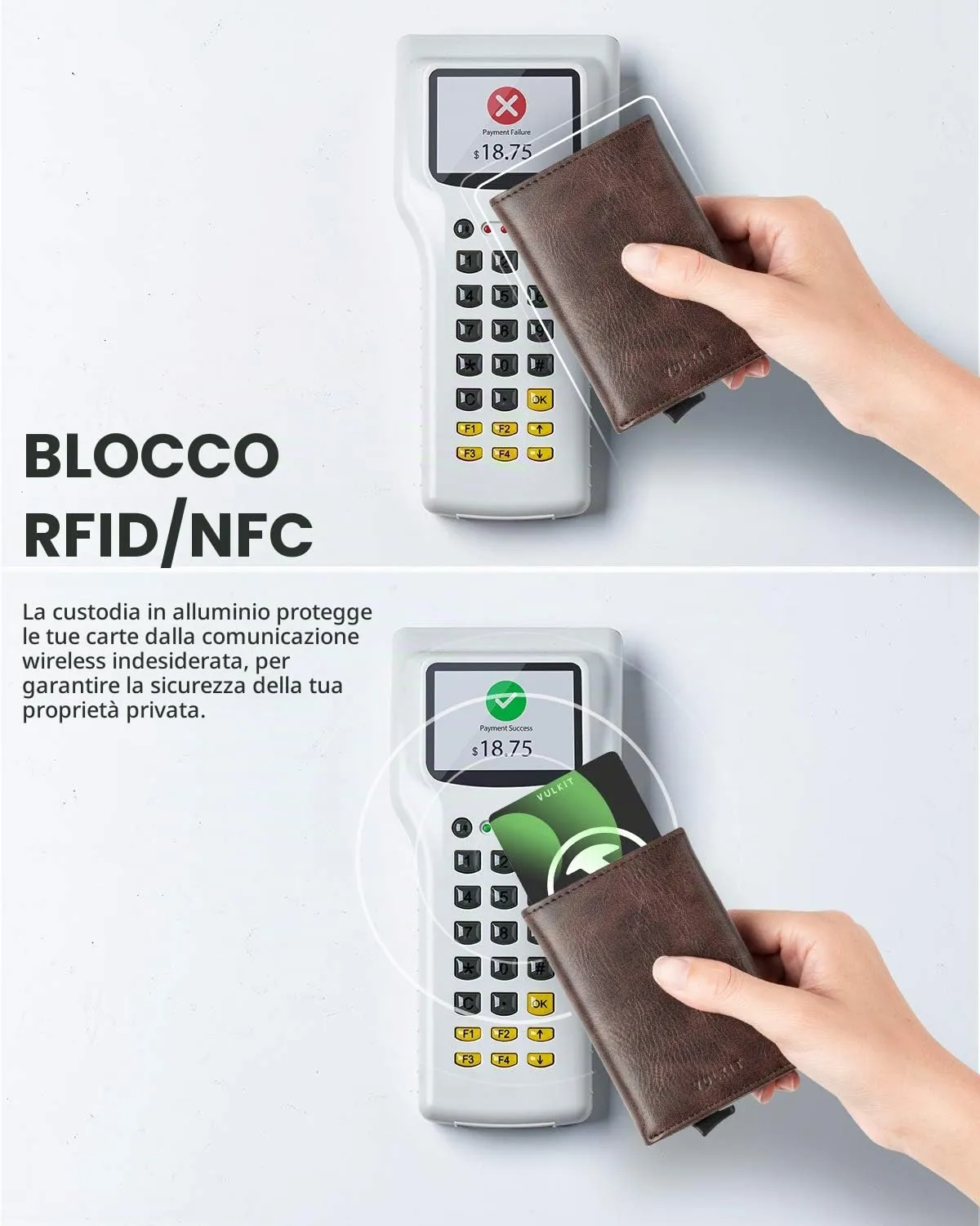 VULKIT Porta Carte di Credito Schermato RFID Portafoglio Uomo Bifold in Pelle Pop Up Automatico e Porta Banconote Tasca Monete con Zip, Espresso - immagine 4