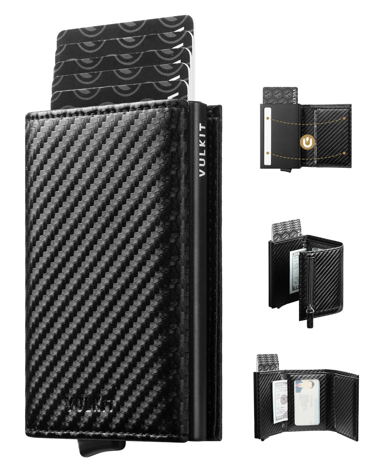 VULKIT Porta Carte di Credito Schermato RFID Portafoglio Uomo Bifold in Pelle Pop Up Automatico e Porta Banconote Tasca Monete con Zip, Fibra di Carbonio - immagine 1