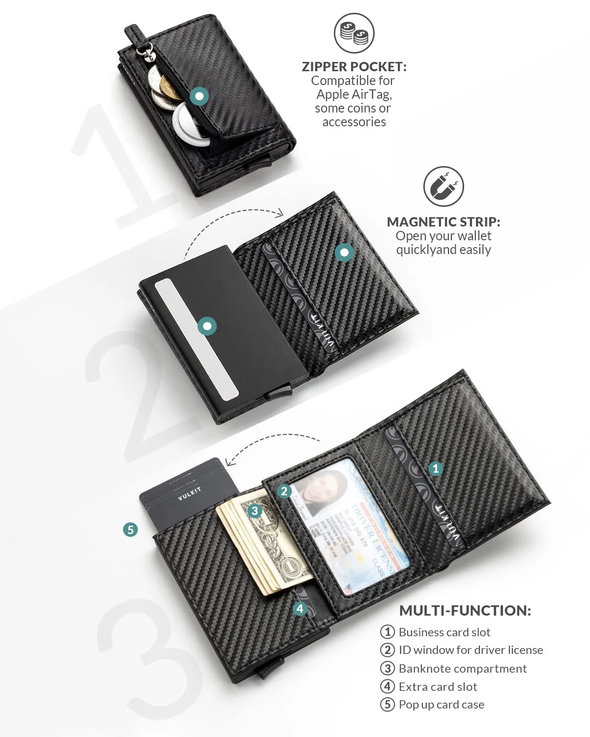 VULKIT Porta Carte di Credito Schermato RFID Portafoglio Uomo Bifold in Pelle Pop Up Automatico e Porta Banconote Tasca Monete con Zip, Fibra di Carbonio - immagine 2
