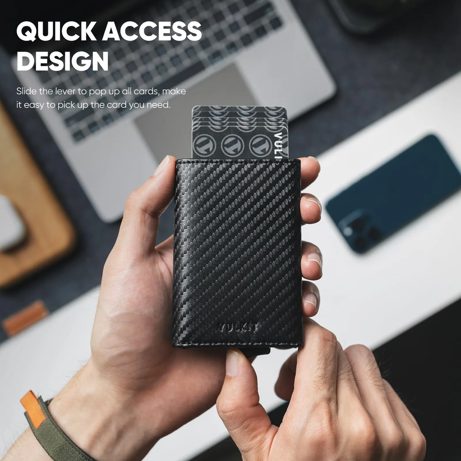 VULKIT Porta Carte di Credito Schermato RFID Portafoglio Uomo Bifold in Pelle Pop Up Automatico e Porta Banconote Tasca Monete con Zip, Fibra di Carbonio - immagine 3