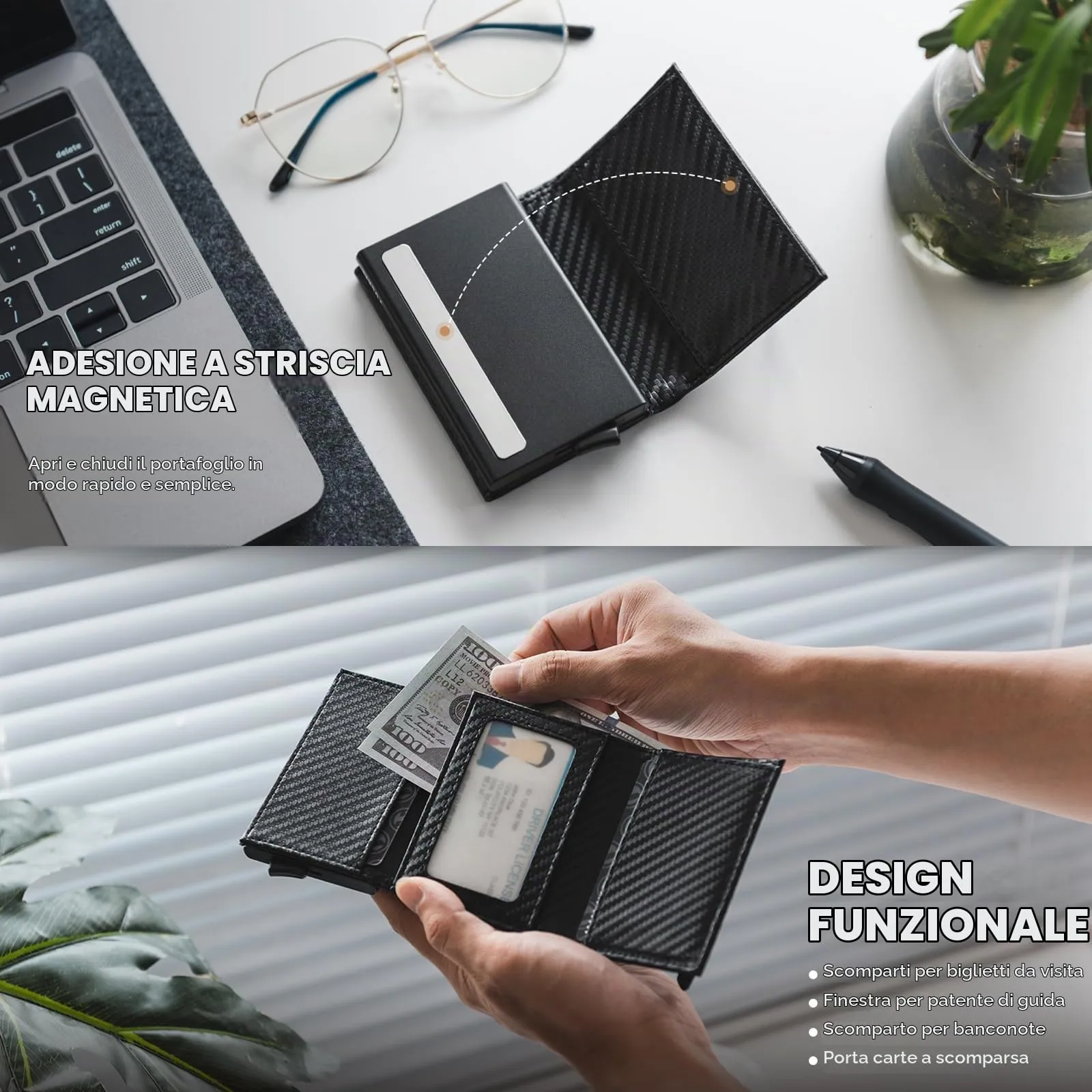 VULKIT Porta Carte di Credito Schermato RFID Portafoglio Uomo Bifold in Pelle Pop Up Automatico e Porta Banconote Tasca Monete con Zip, Fibra di Carbonio - immagine 4