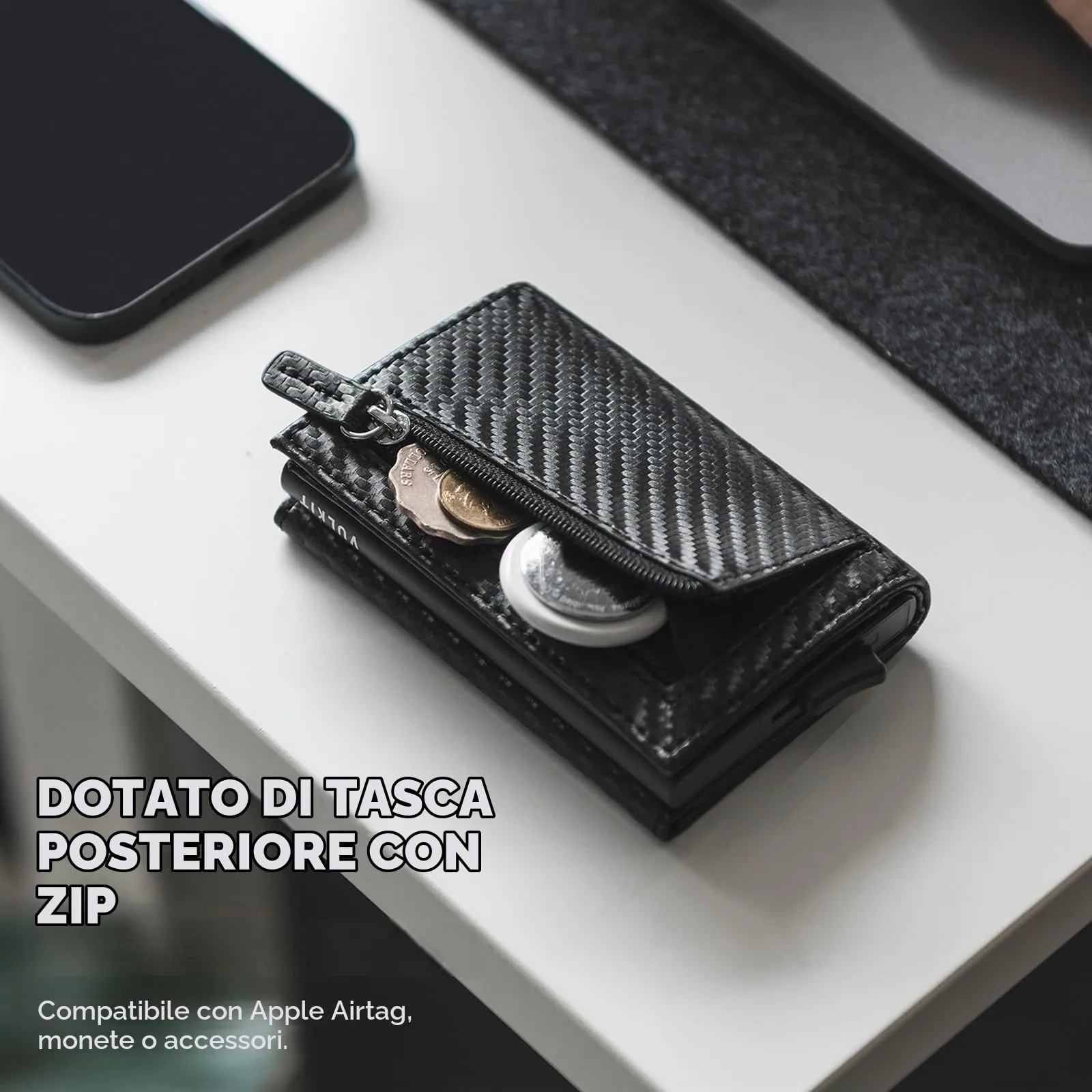 VULKIT Porta Carte di Credito Schermato RFID Portafoglio Uomo Bifold in Pelle Pop Up Automatico e Porta Banconote Tasca Monete con Zip, Fibra di Carbonio - immagine 5