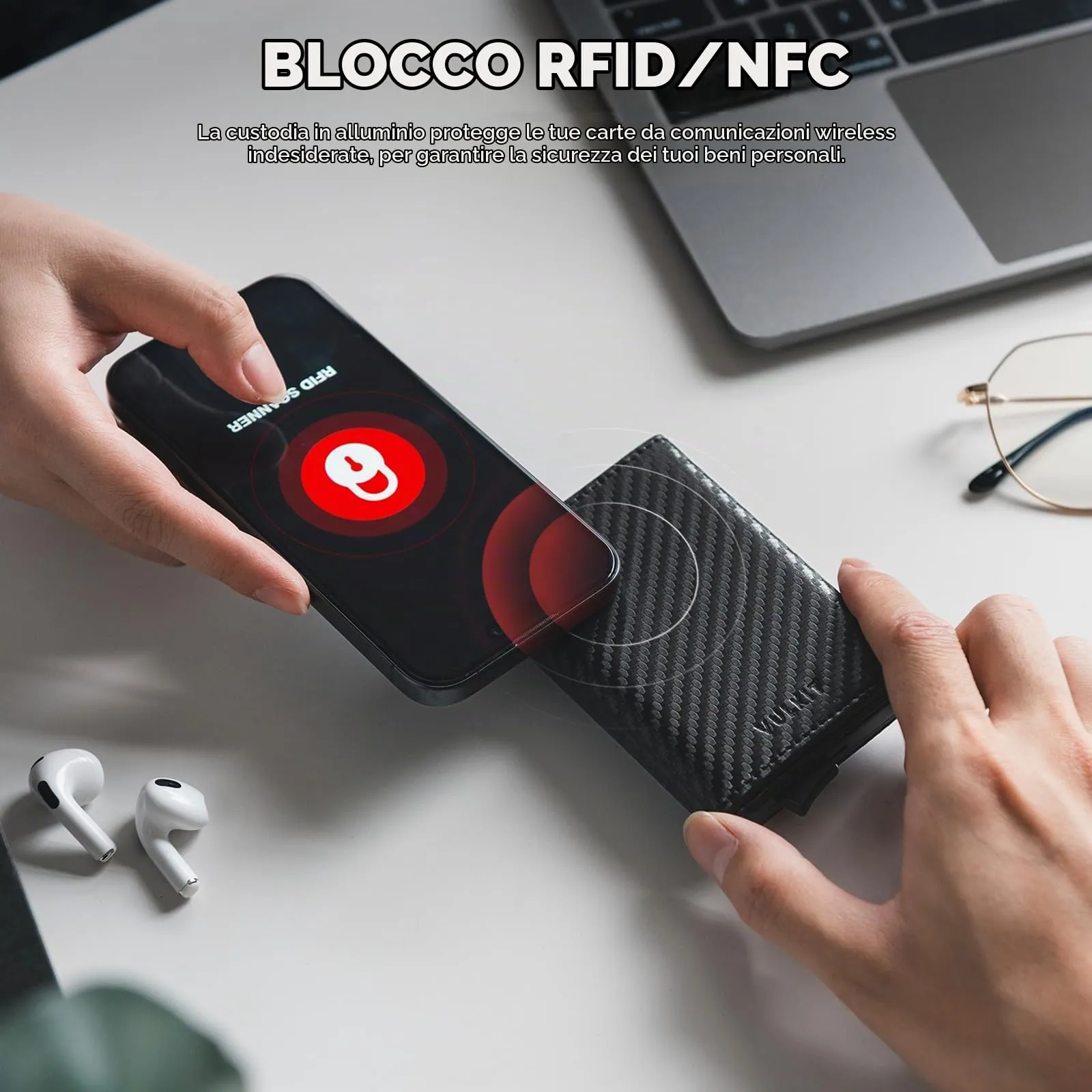 VULKIT Porta Carte di Credito Schermato RFID Portafoglio Uomo Bifold in Pelle Pop Up Automatico e Porta Banconote Tasca Monete con Zip, Fibra di Carbonio - immagine 6