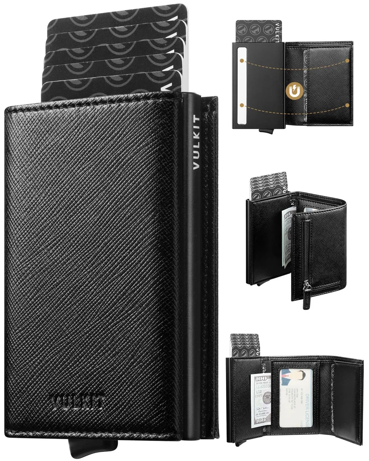 VULKIT Porta Carte di Credito Schermato RFID Portafoglio Uomo Bifold in Pelle Pop Up Automatico e Porta Banconote Tasca Monete con Zip, Nero Cross - immagine 1