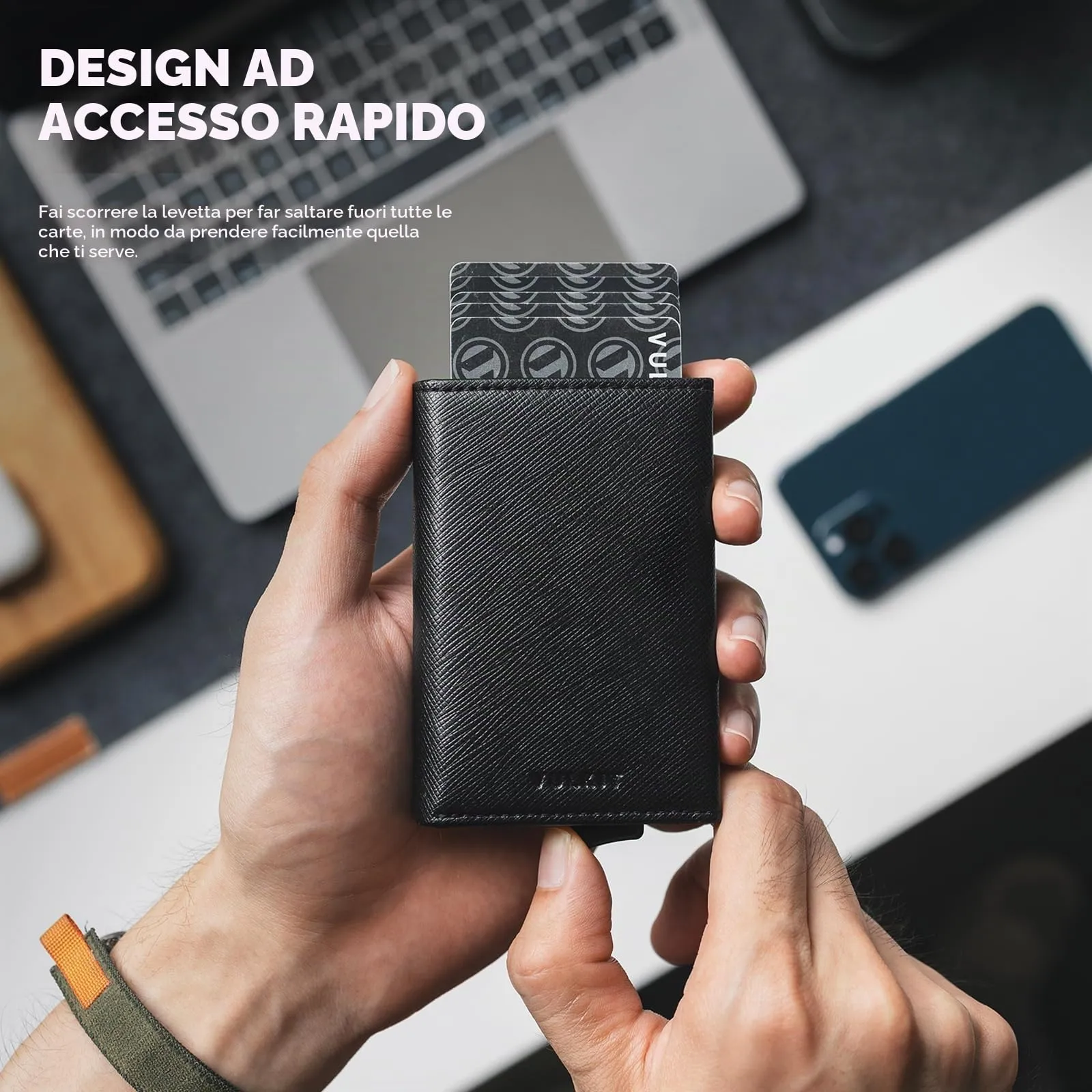VULKIT Porta Carte di Credito Schermato RFID Portafoglio Uomo Bifold in Pelle Pop Up Automatico e Porta Banconote Tasca Monete con Zip, Nero Cross - immagine 2