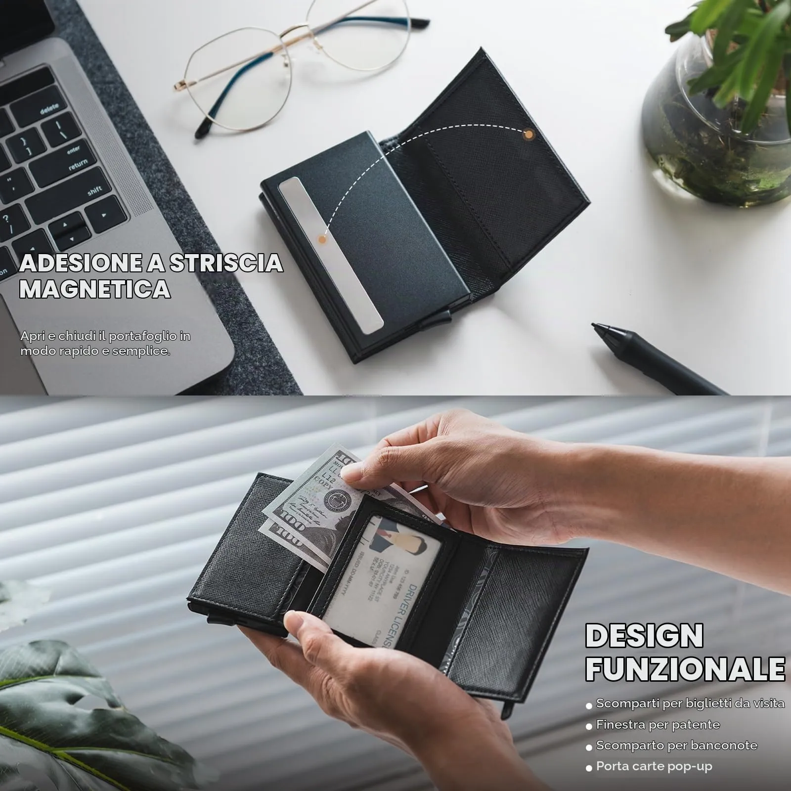 VULKIT Porta Carte di Credito Schermato RFID Portafoglio Uomo Bifold in Pelle Pop Up Automatico e Porta Banconote Tasca Monete con Zip, Nero Cross - immagine 3