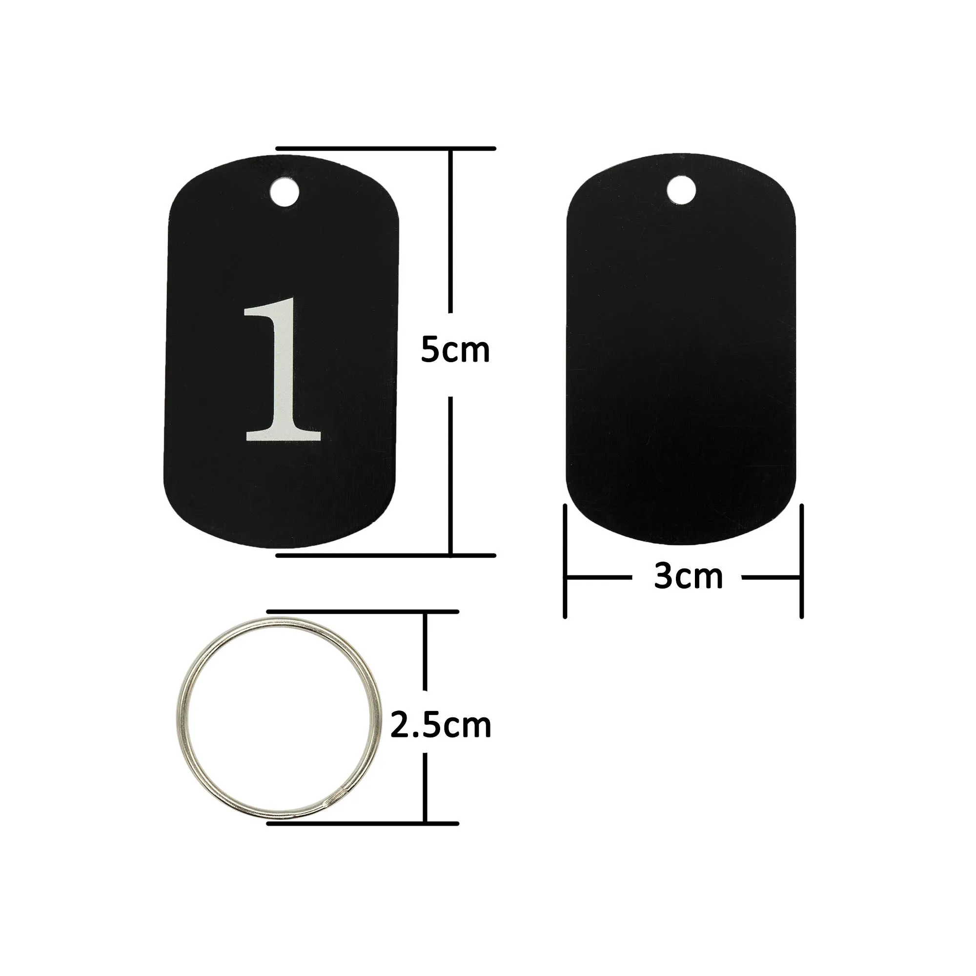 Medagliette con numeri incisi, medagliette identificative, in alluminio, con anello portachiavi (1-50, nero) - immagine 2